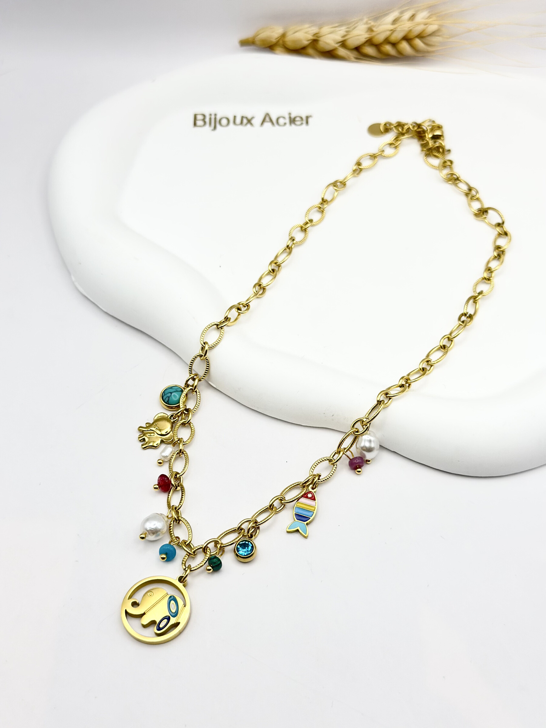 Grossiste Ceramik - Collier "Ibiza Mood" – Charms Colorés & Acier Inoxydable