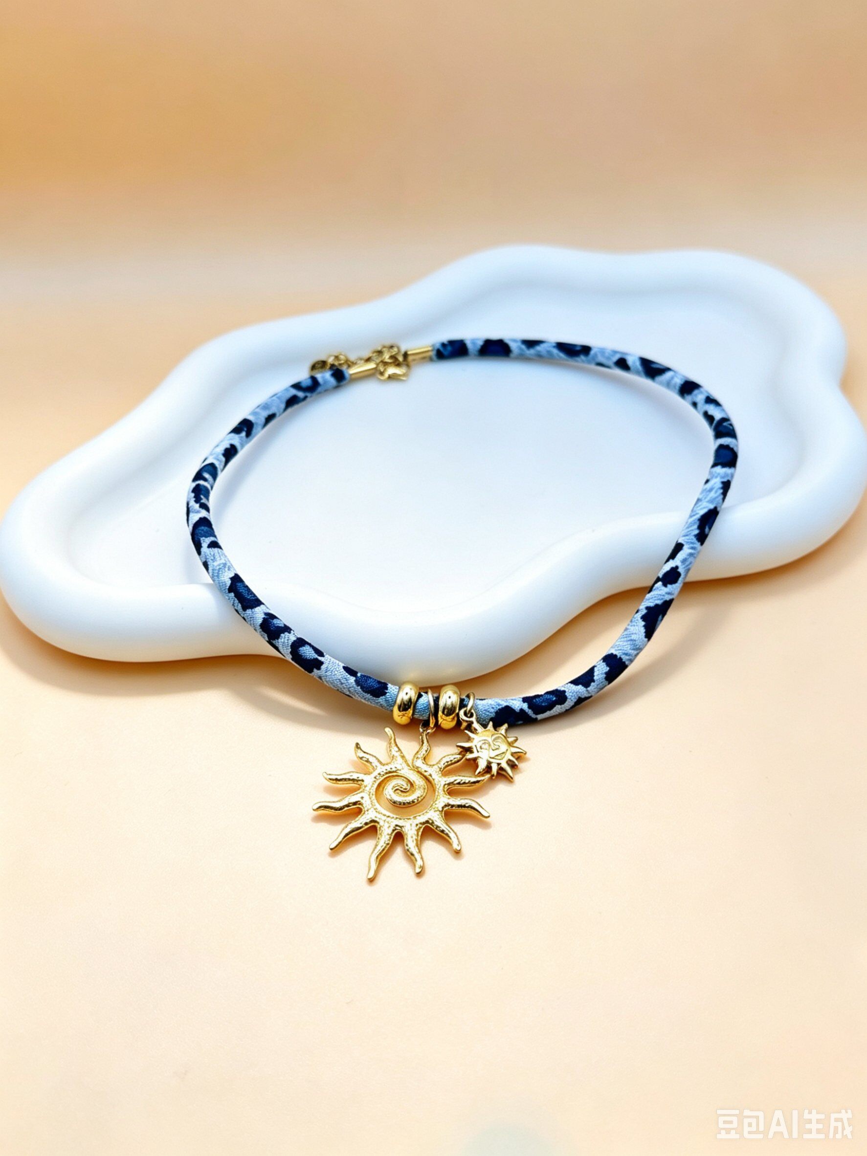 Wholesaler Ceramik - Women's Golden Sun Necklace with Printed Fabric - 40 cm + 5 cm Extension