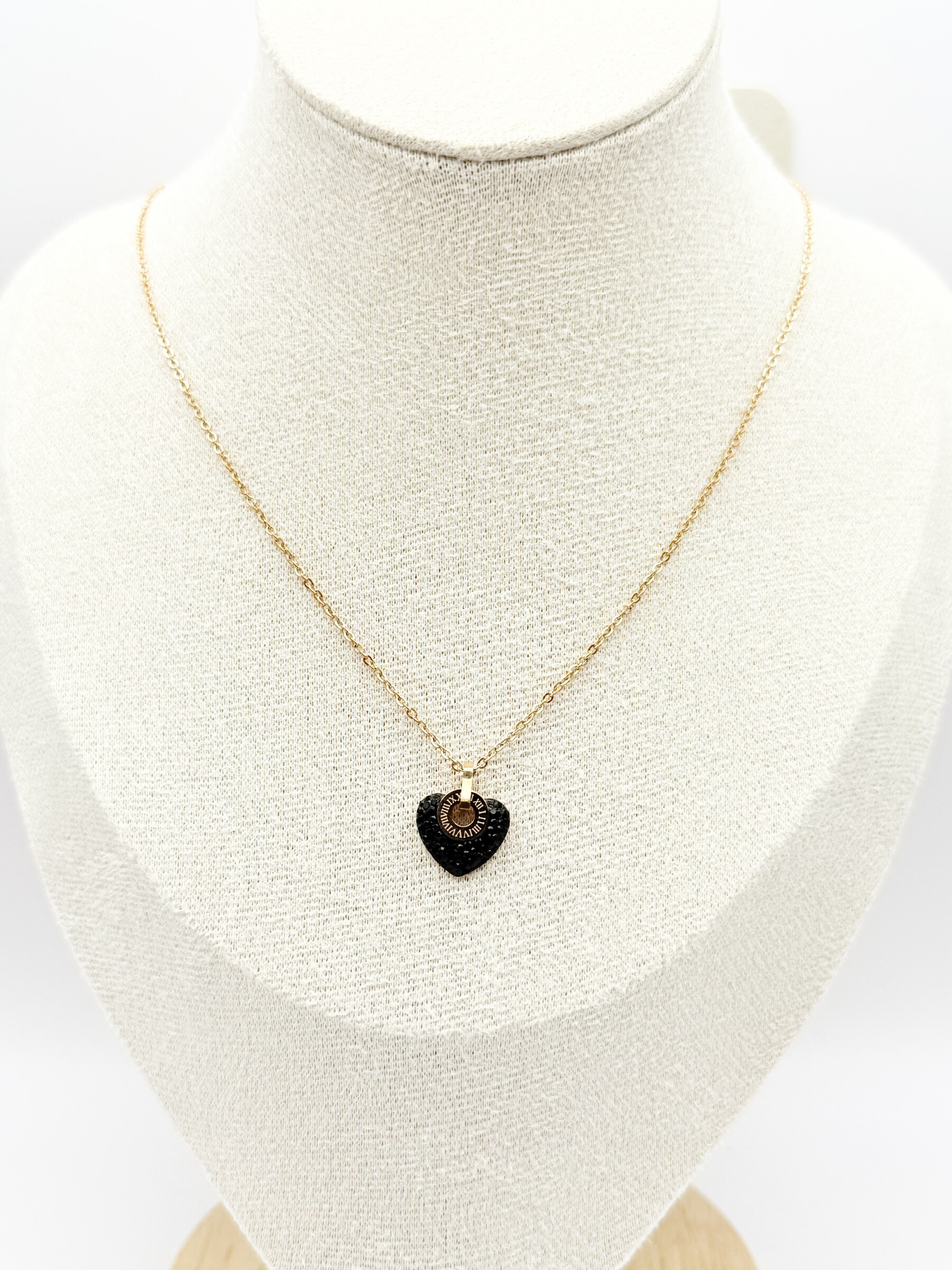 Wholesaler Ceramik - Textured Black Heart Necklace Stainless Steel Gold