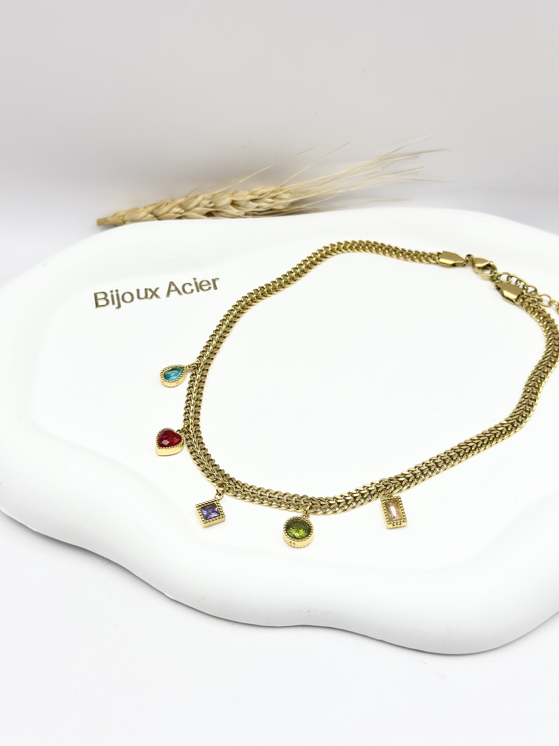 Grossiste Ceramik - Collier “Charme Arc-en-Ciel” – Acier Inoxydable & Stras Multicolores