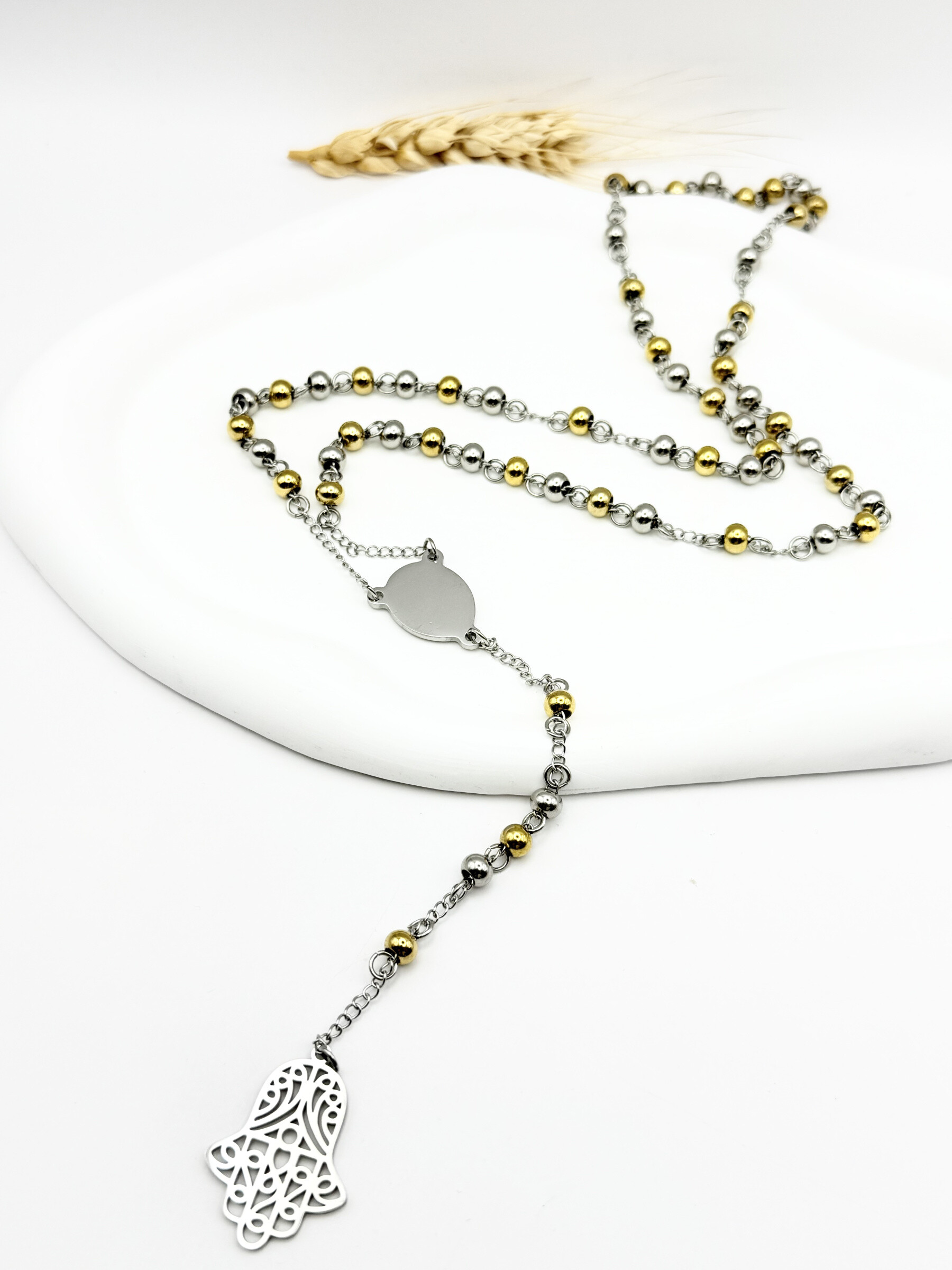 Grossiste Ceramik - Collier Chapelet main de fatma  Boules Bicolores 6mm  Acier Inoxydable