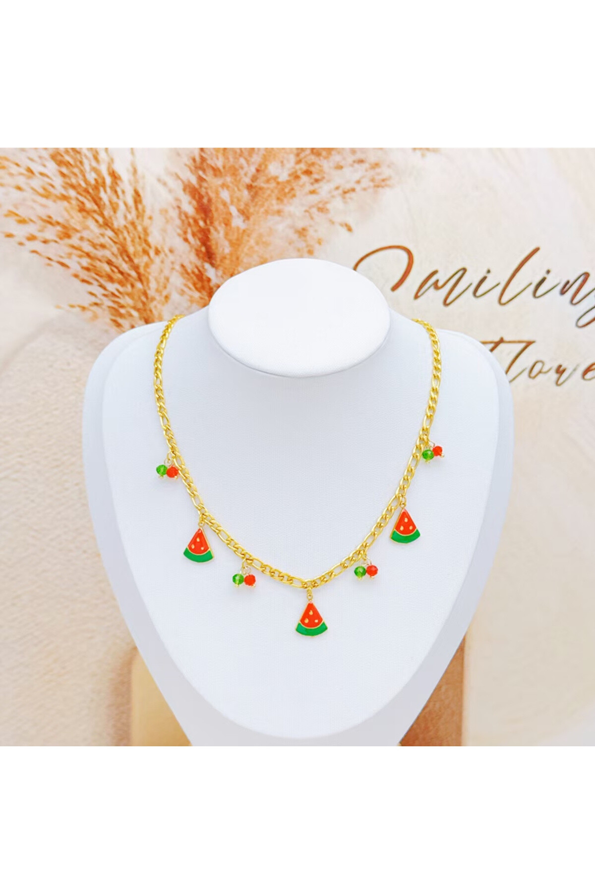Wholesaler Ceramik - Watermelon necklace Gold stainless steel with enameled pendants