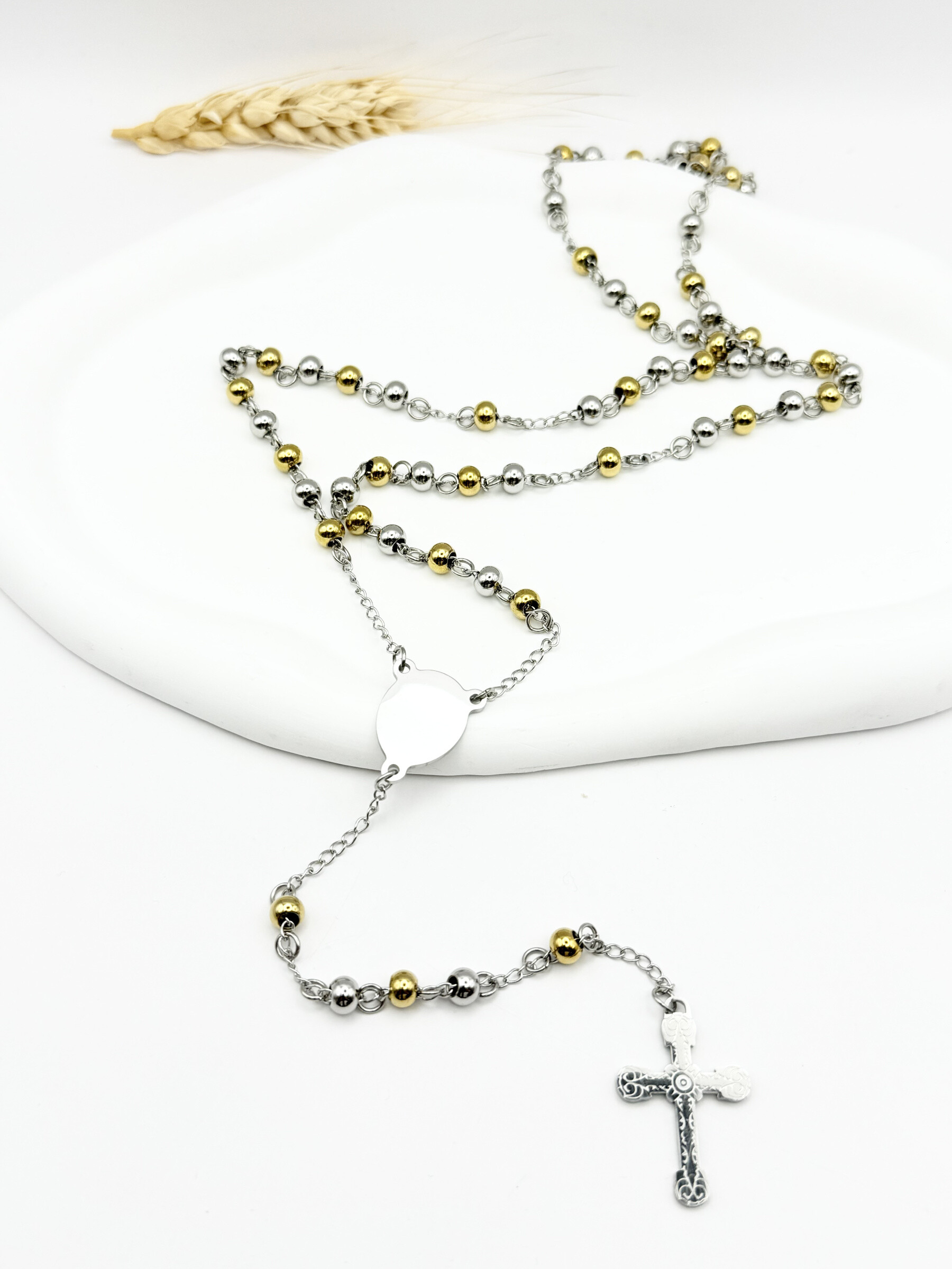 Grossista Ceramik - Collana Rosario Croce Perle Bicolore 6mm Acciaio Inossidabile 70cm
