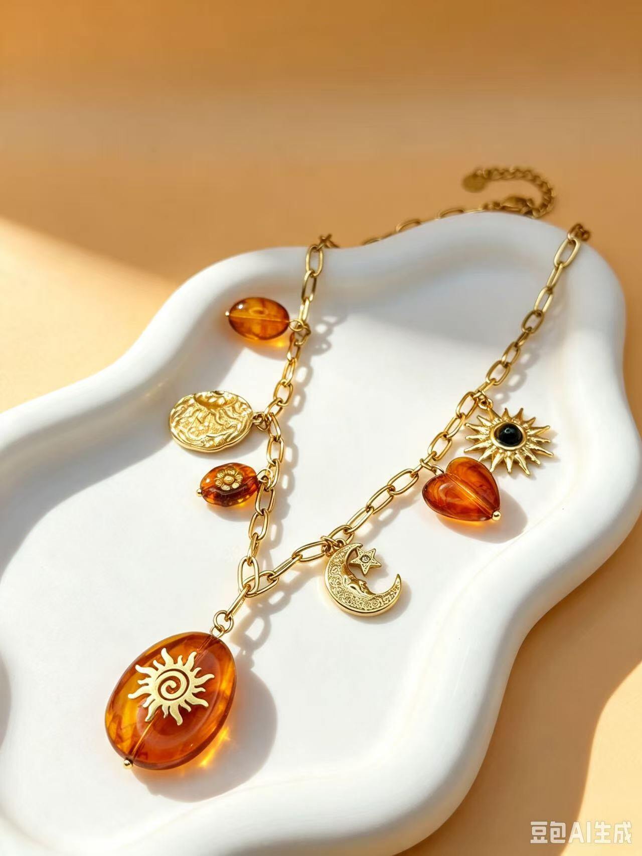 Grossiste Ceramik - Collier multi breloques soleil lune ambre fantaisie doré