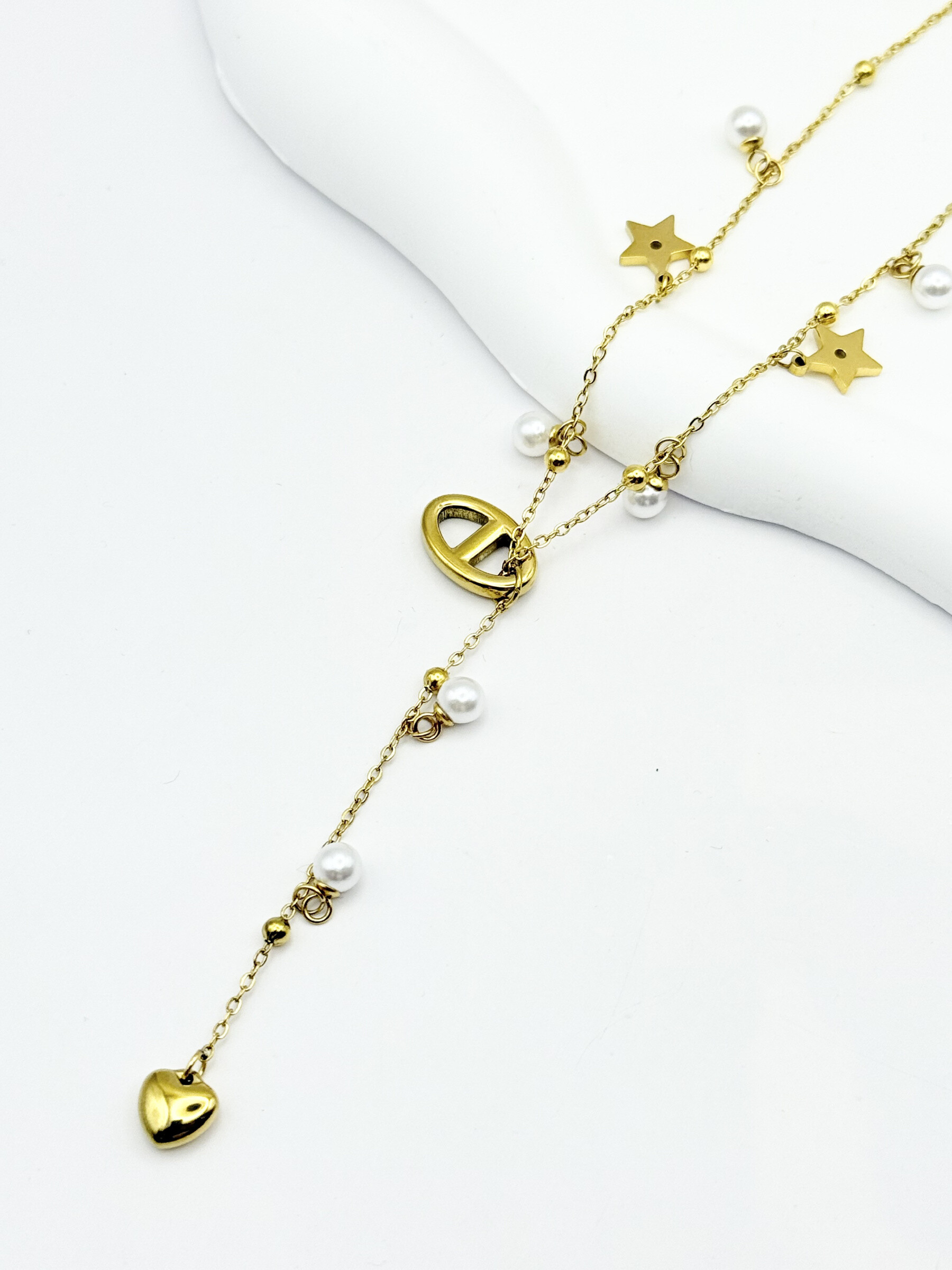 Wholesaler Ceramik - Gold Stainless Steel Necklace with Beads, Stars & Heart Charms
