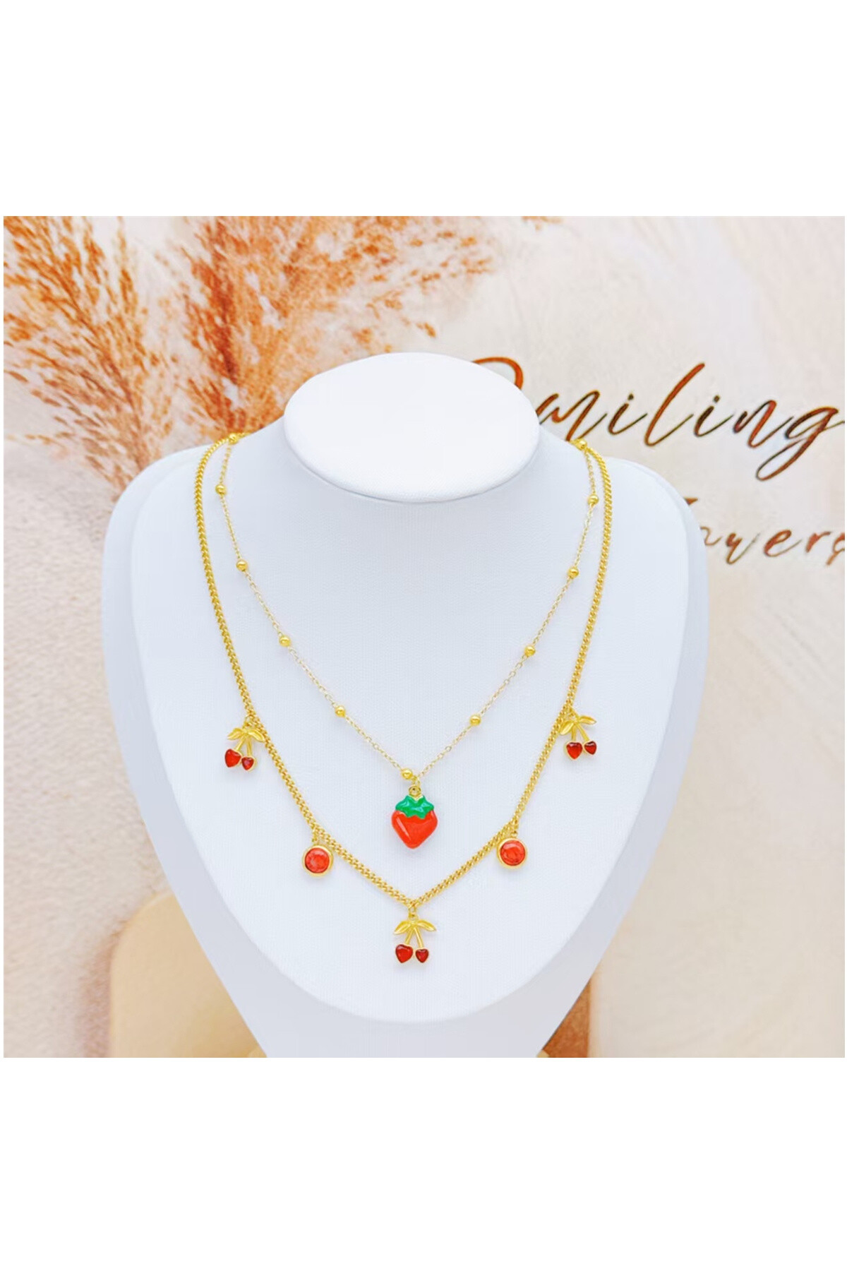 Wholesaler Ceramik - Double row necklace with fruit charms  Gold plated stainless steel