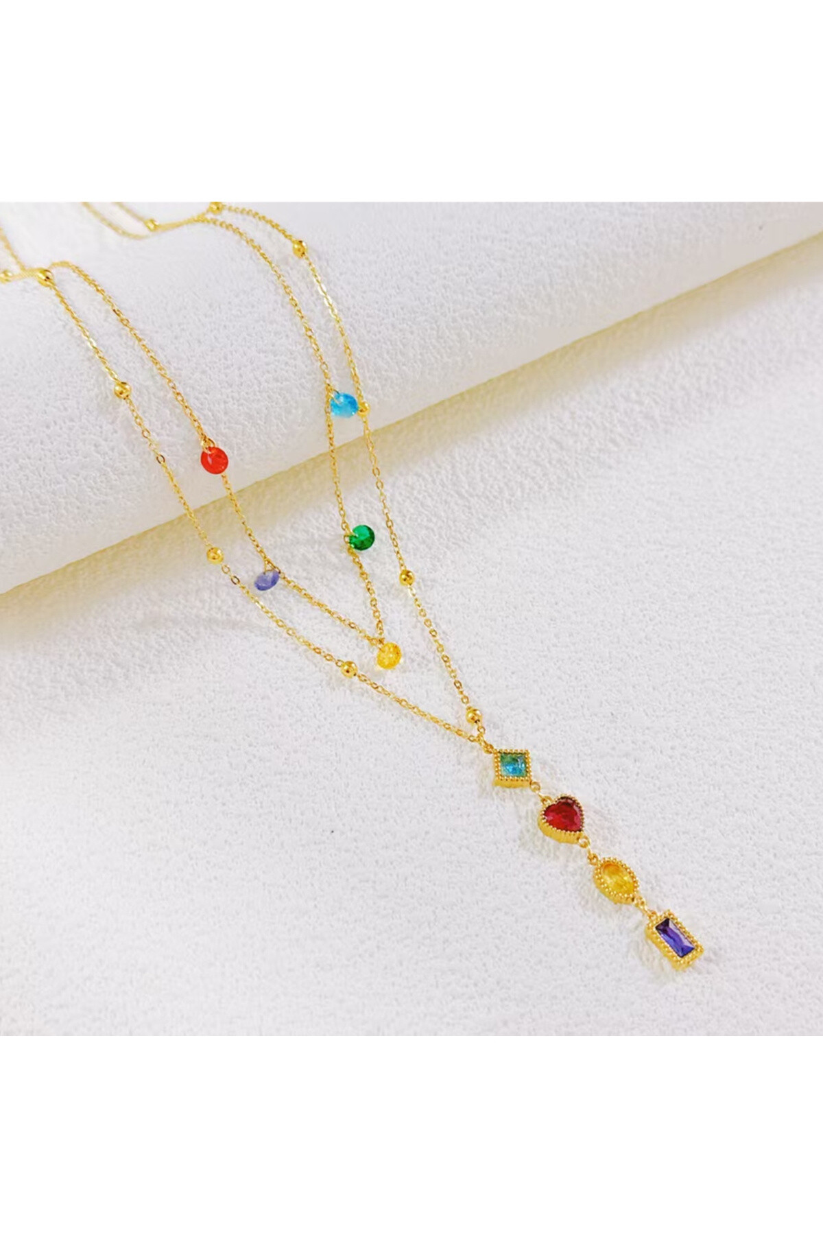 Mayorista Ceramik - Collar multicolor de múltiples hileras en Y - Acero inoxidable dorado y cuentas multicolores