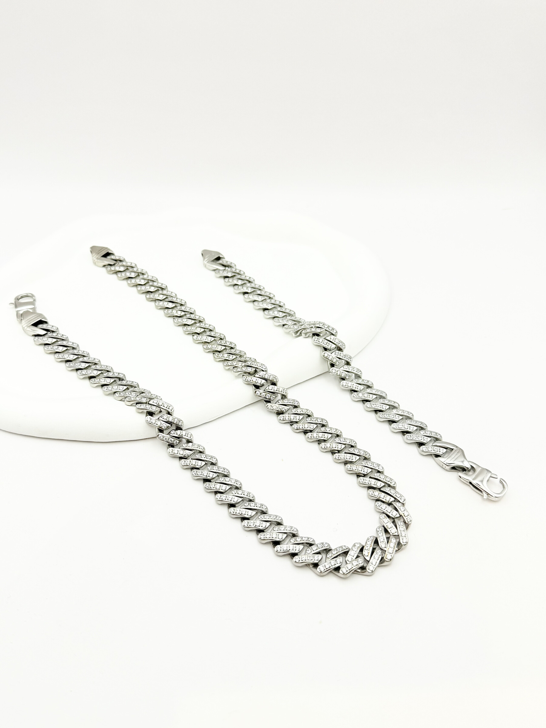 Grossista Ceramik - Set Collana Bracciale catena cubana in acciaio inossidabile con strass incastonati