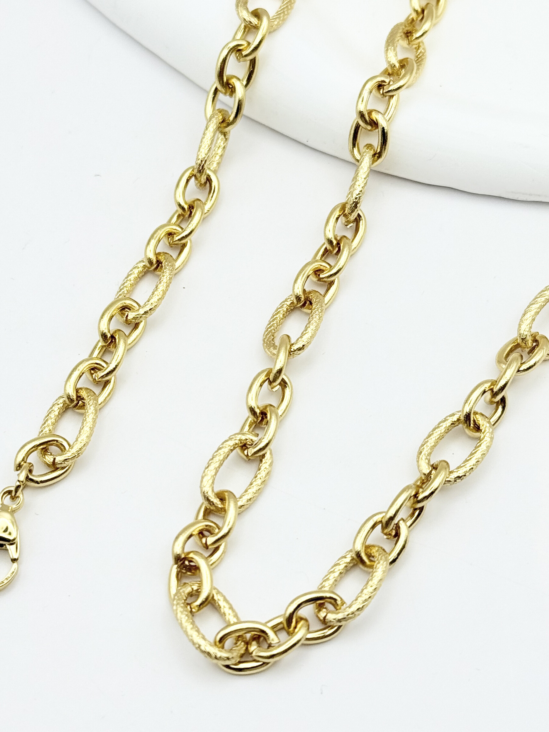 Wholesaler Ceramik - Stainless steel gold necklace + bracelet set - Elegant textured links