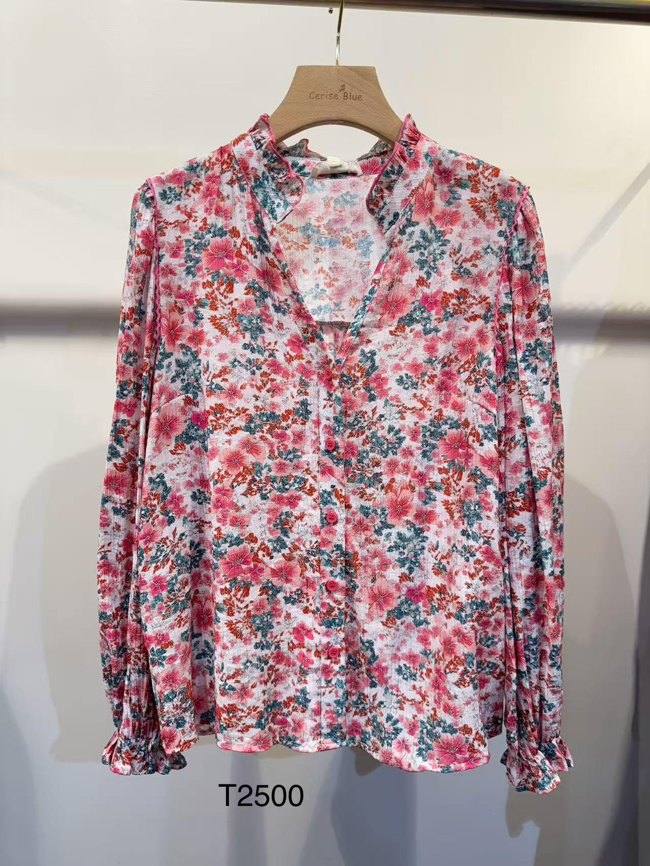 Blouse imprimée à col V pour femme, légère en viscose et polyamide, idéale pour le printemps/été, fabriquée en Chine.
