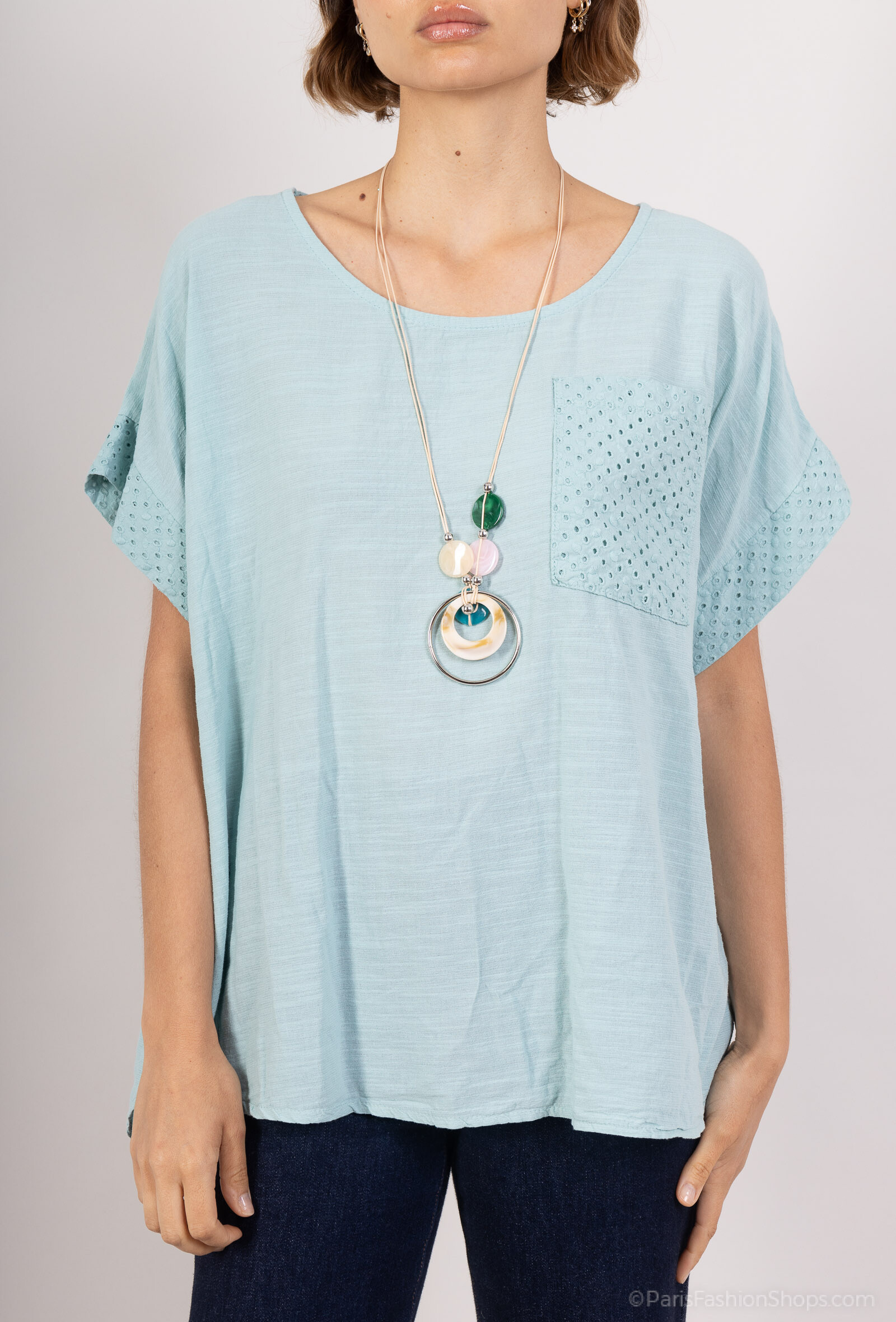Grossiste Chana Mod - T-shirt manche courte avec collier en coton