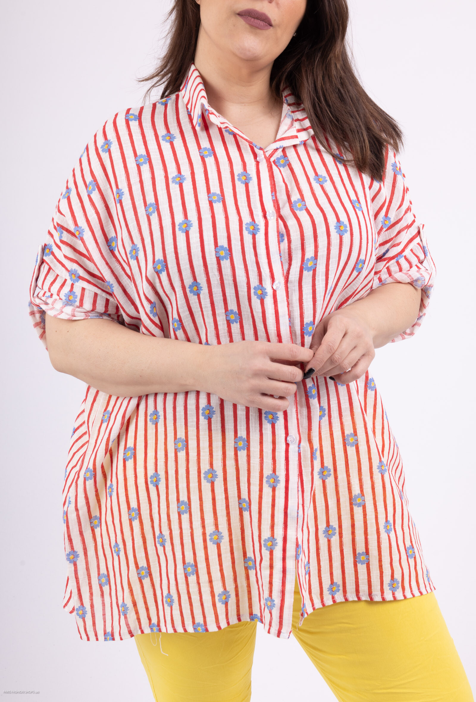 Grossiste Chana Mod - Chemise imprimé à rayure fleurs