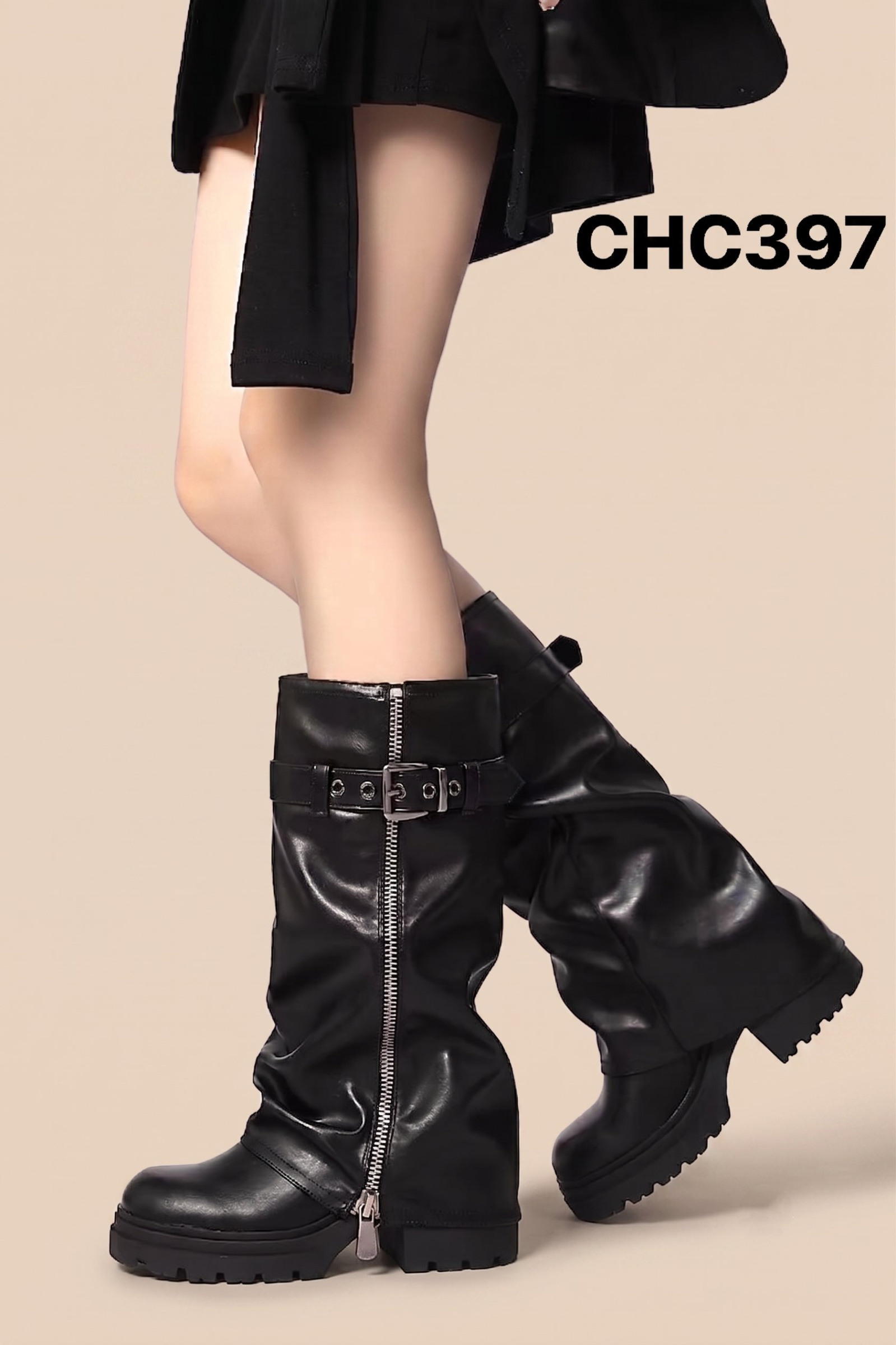 Großhändler CHC SHOES - Biker-Stil Stiefel mit Gamaschenaufschlag und Metallreißverschluss