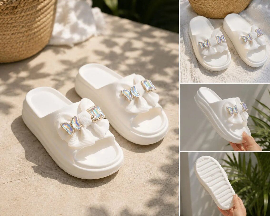 Grossiste CHC SHOES - Mules Plateformes à Nœud Plissé et Bijoux Papillons