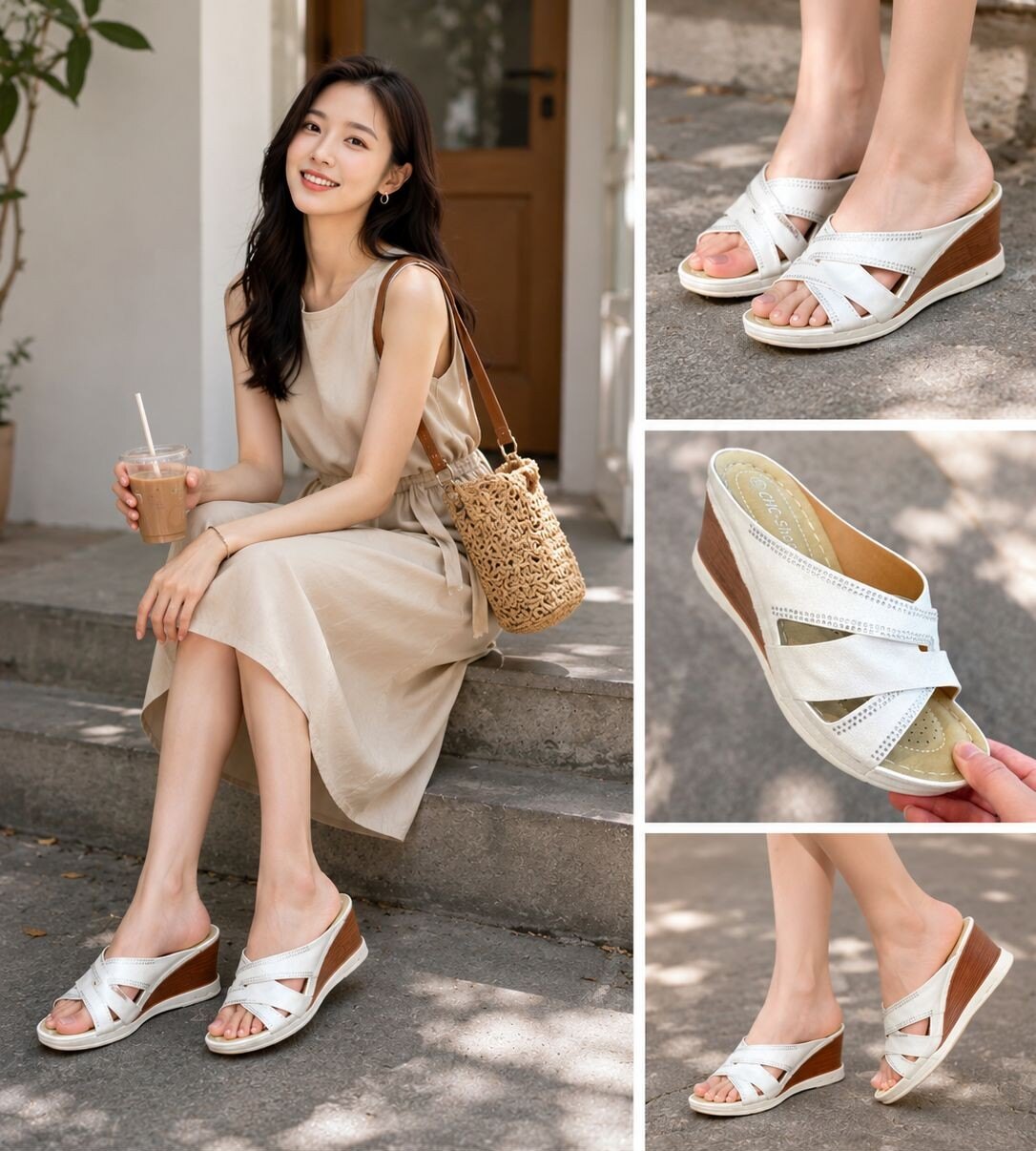 Wholesaler CHC SHOES - Wedge Mules with Interwoven Straps and Rhinestone Lines