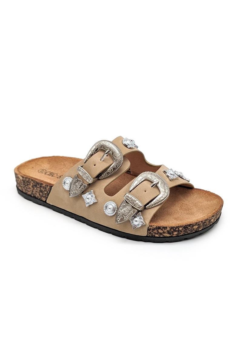 Wholesaler CHC SHOES - Slip-on sandal with two buckles and embellishments on the strap