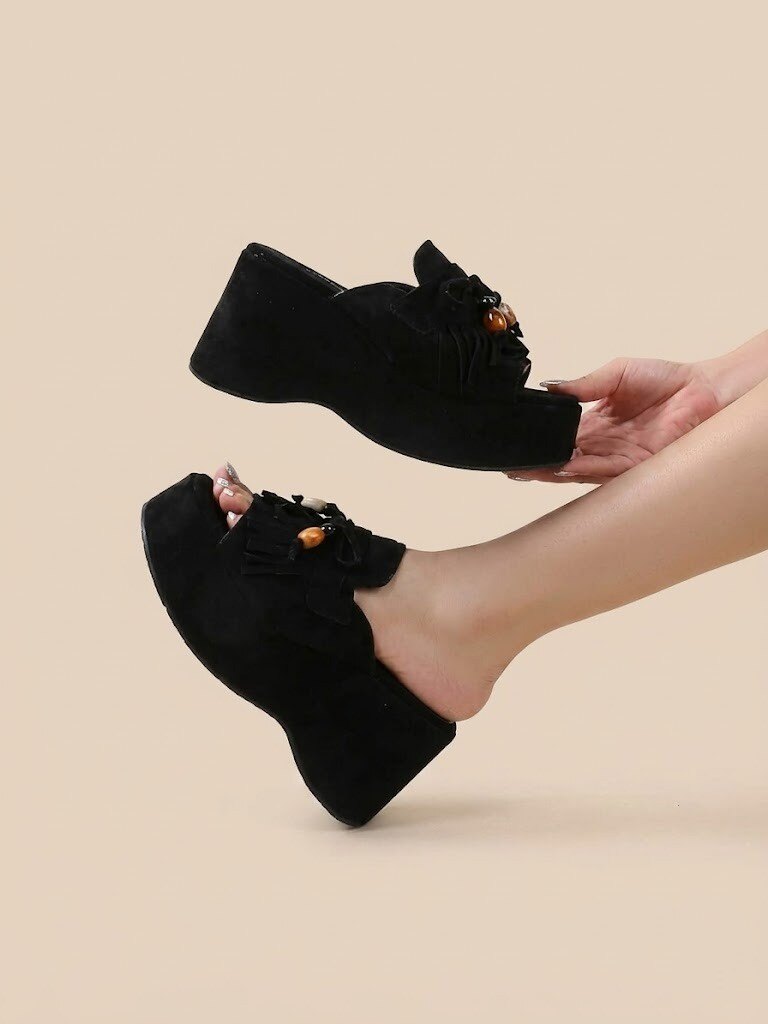 Wholesaler CHC SHOES - Suede Wedge Mules with Moccasin-Style Fringes