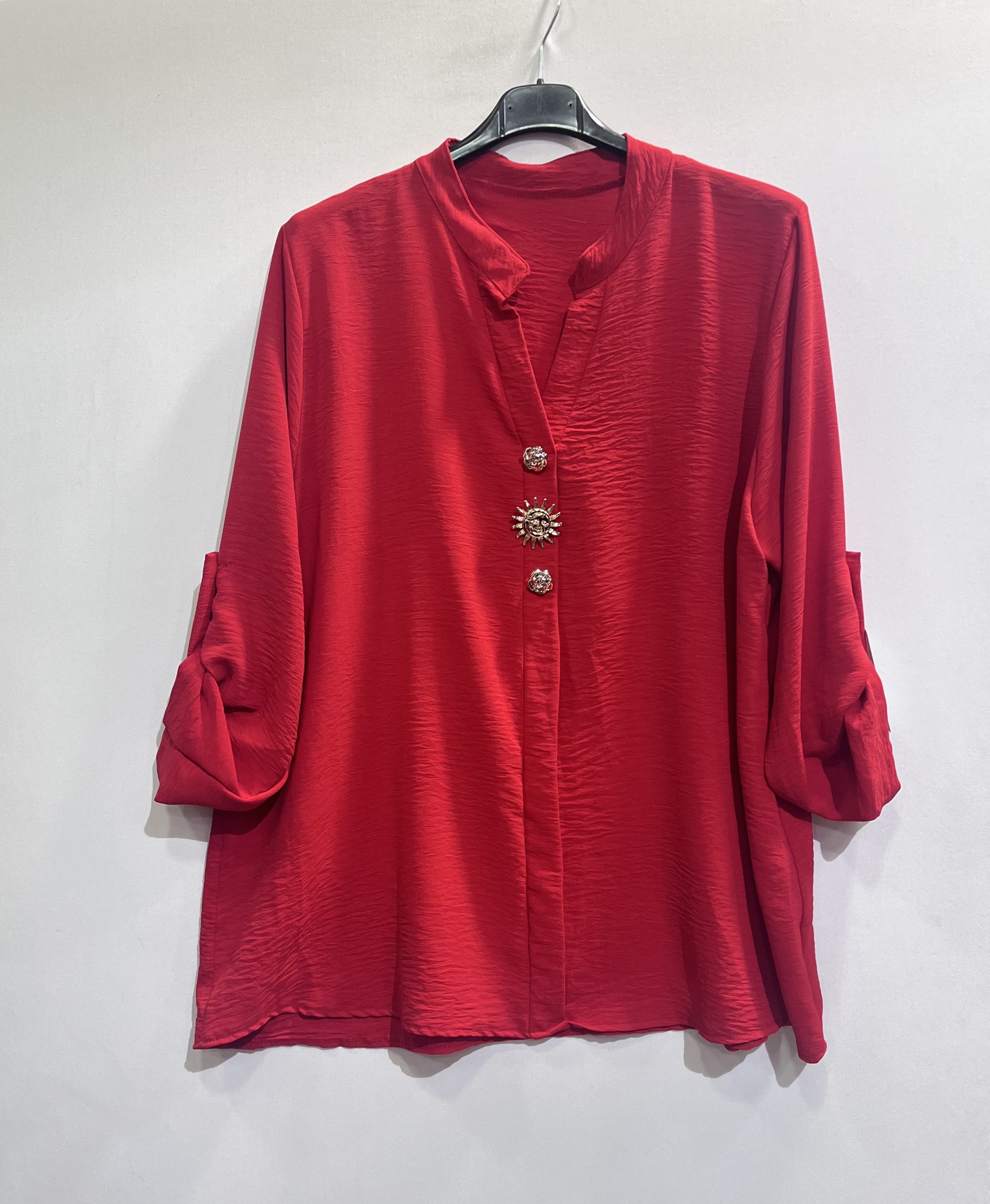 Length 76cm, Sleeve length 59cm, Underarm width 62cm. Elegant women's viscose shirt with a touch of stretch, perfect for spring-summer, includes a chic brooch.
