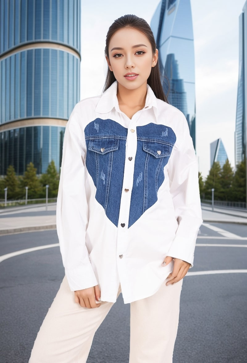 Wholesaler Cherry Koko - Heart pattern denim shirt with pockets