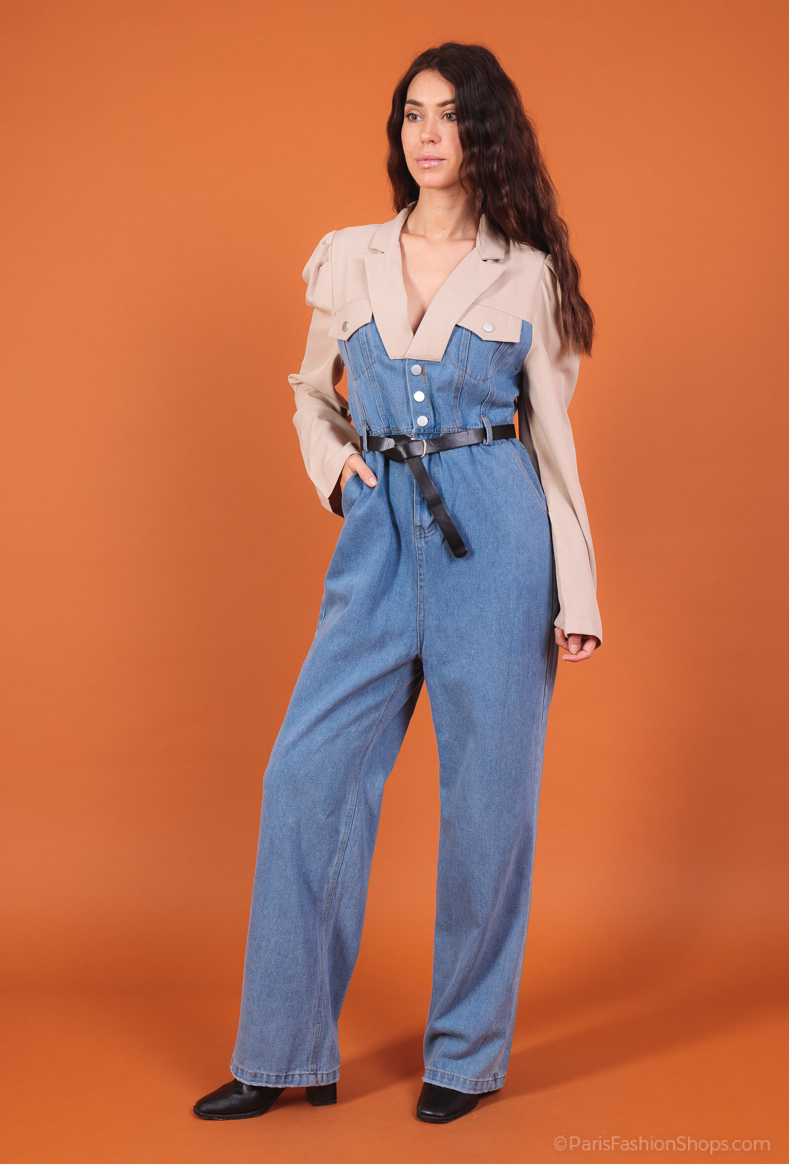 Grossiste Cherry Koko - Combinaison denim bicolore effet blouse intégrée et ceinture