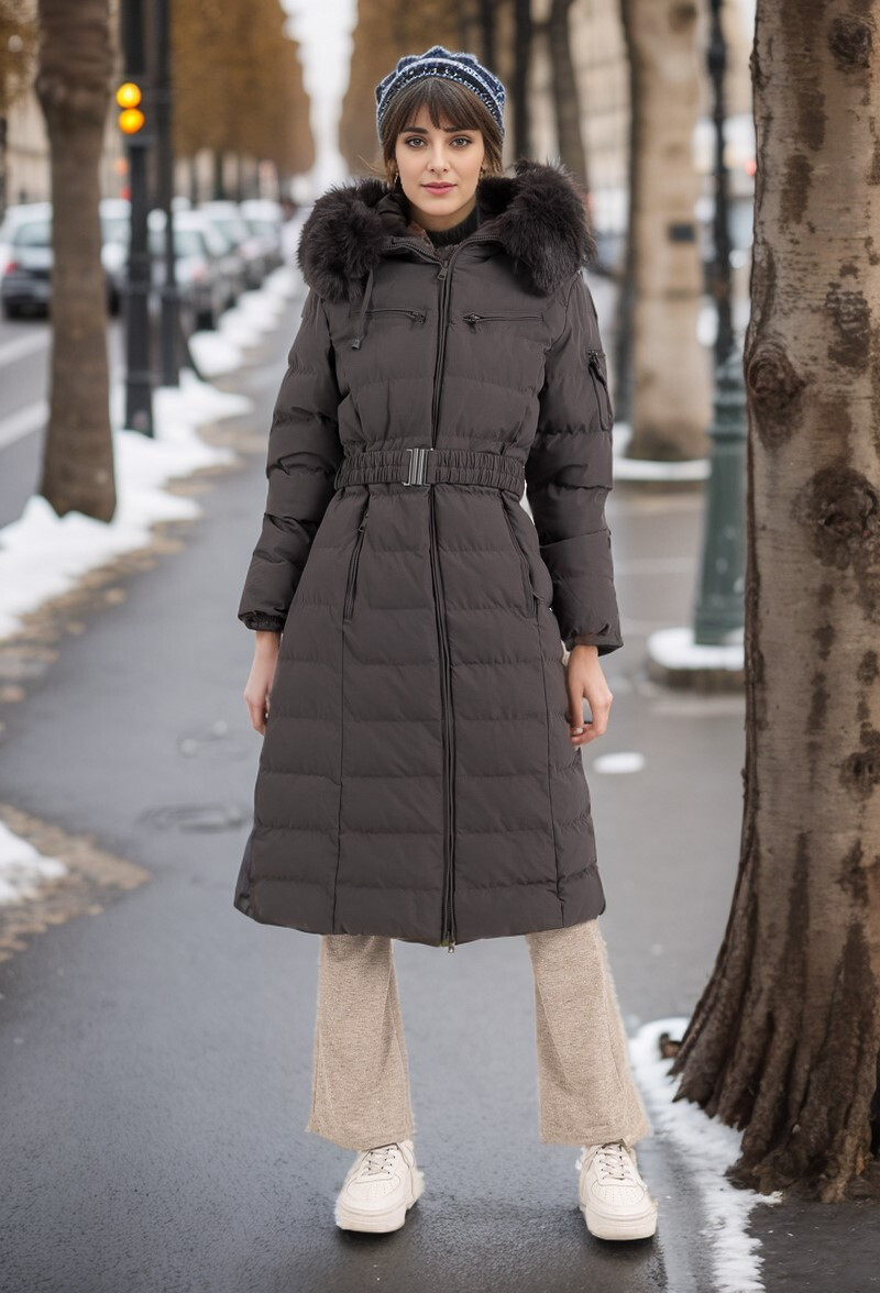 Grossiste Cherry Koko - Doudoune longue ceinturé avec capuche fourrure