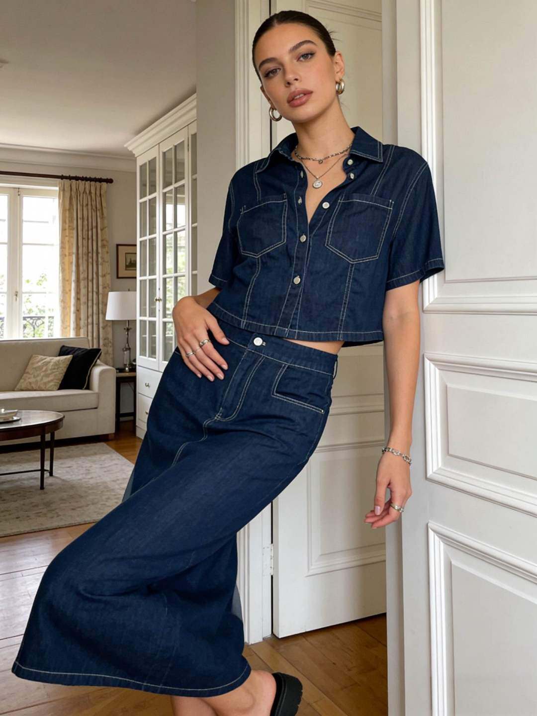 Grossiste Cherry Koko - INDIGO – Ensemble Denim Chemise Courte & Jupe Longue
