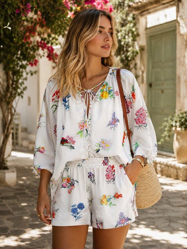 Großhändler Cherry Koko - BLOOM – Set aus bedruckter, fließender Bluse und passender Shorts
