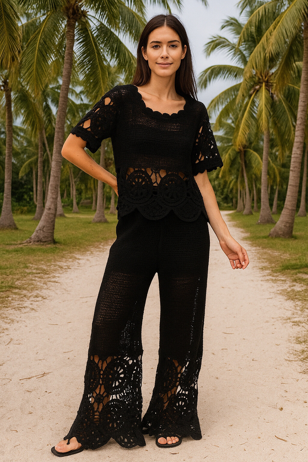 Großhändler Cherry Koko - Damen Häkeltop mit kurzen Ärmeln und durchbrochener Hose