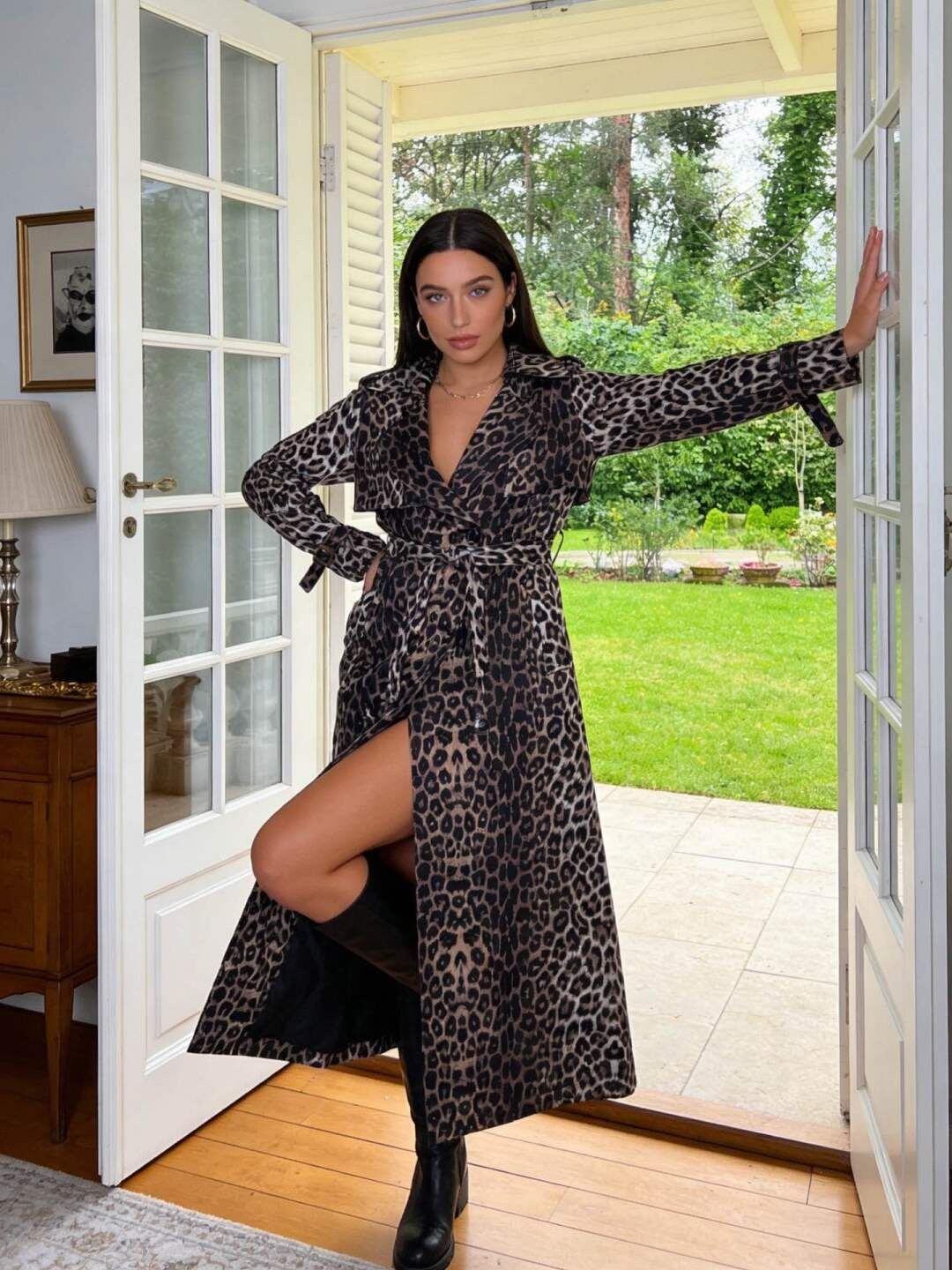 Großhändler Cherry Koko - RAVEN – Langer Trenchcoat mit Leopardenmuster und Gürtel