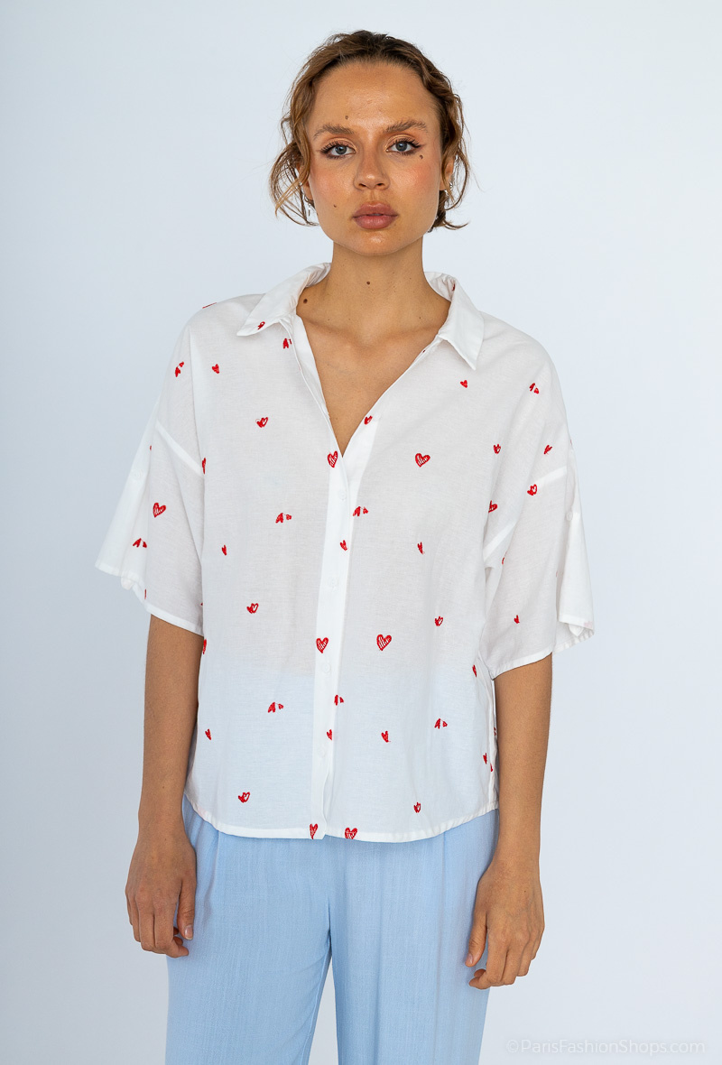 Grossiste Cherry Paris - Chemise manches courtes oversize avec cœurs brodés JEANNICK