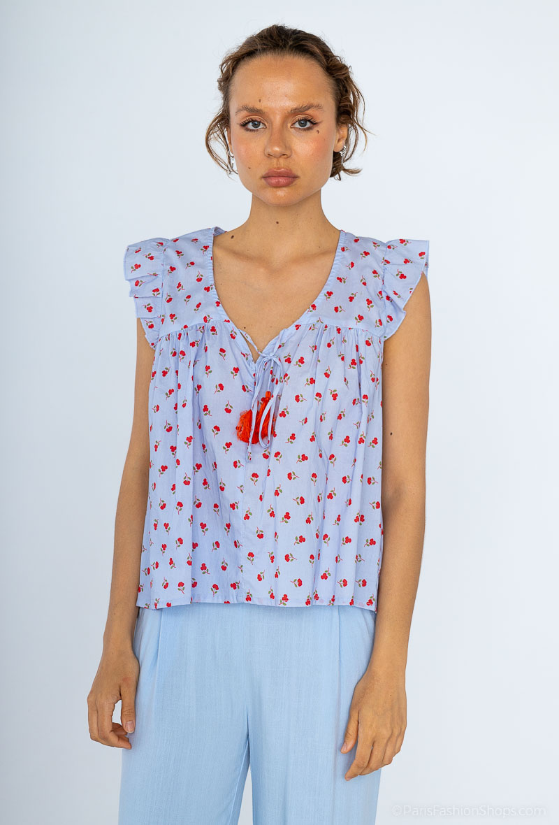 Grossiste Cherry Paris - Blouse sans manches en coton imprimé avec pompom coloré ETIENNETTE