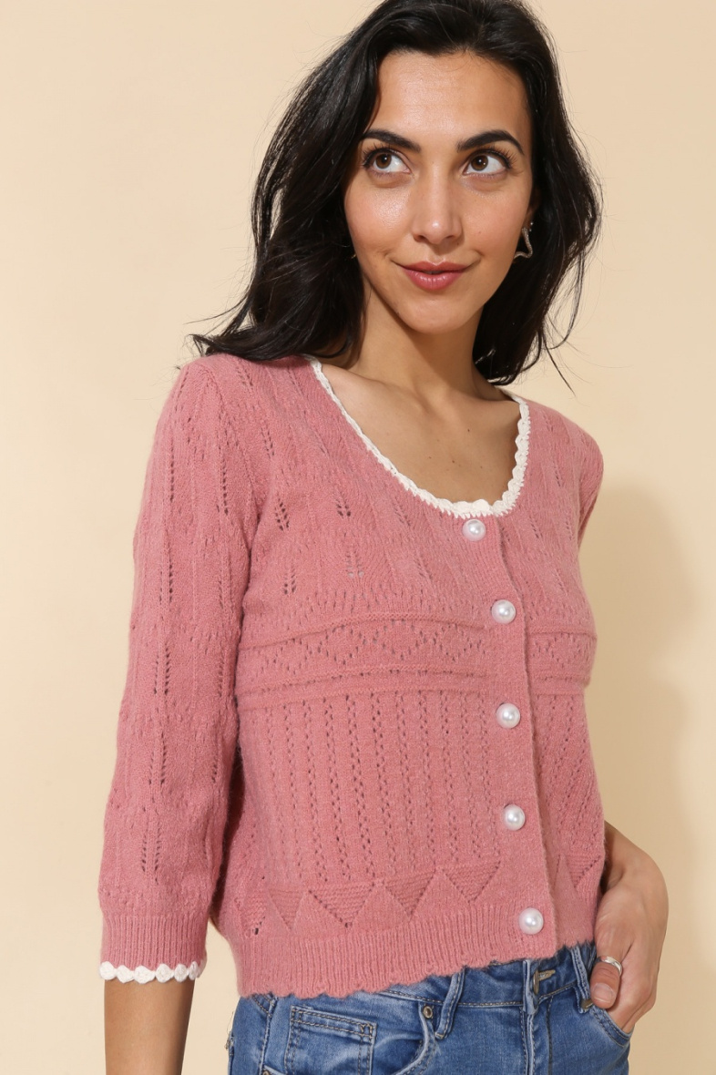 Wholesaler Cherry Paris - Half-sleeved cardigan with white borders JOLINNE