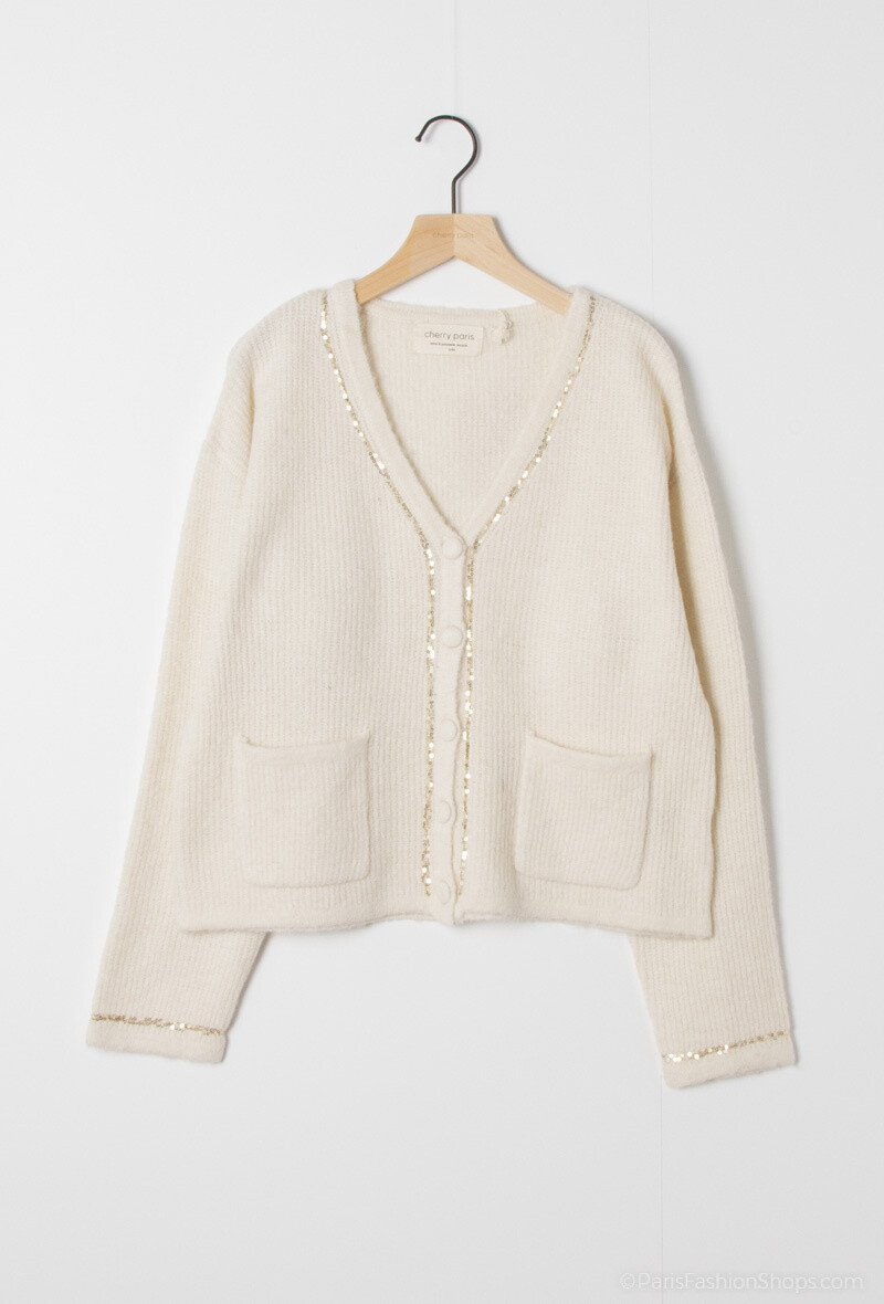 Wholesaler Cherry Paris - Soft knit V-neck cardigan with sequin trims LAVINIA