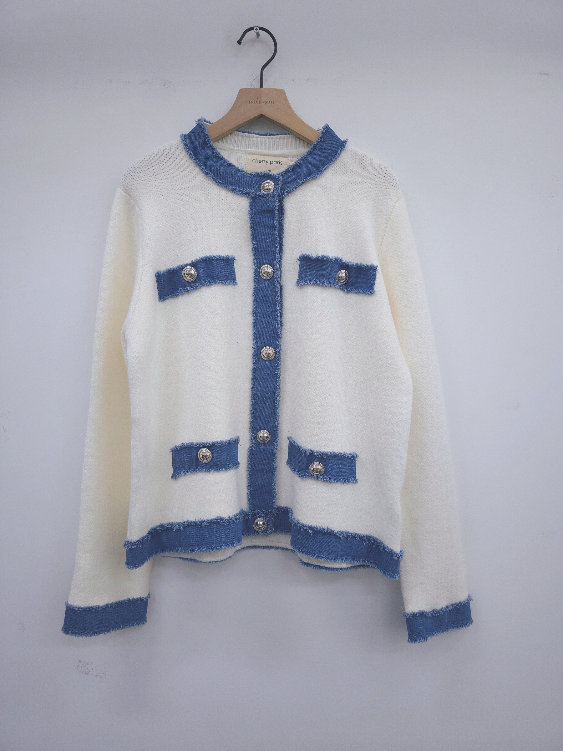 Wholesaler Cherry Paris - Plain knitted jacket with denim trim DUNE