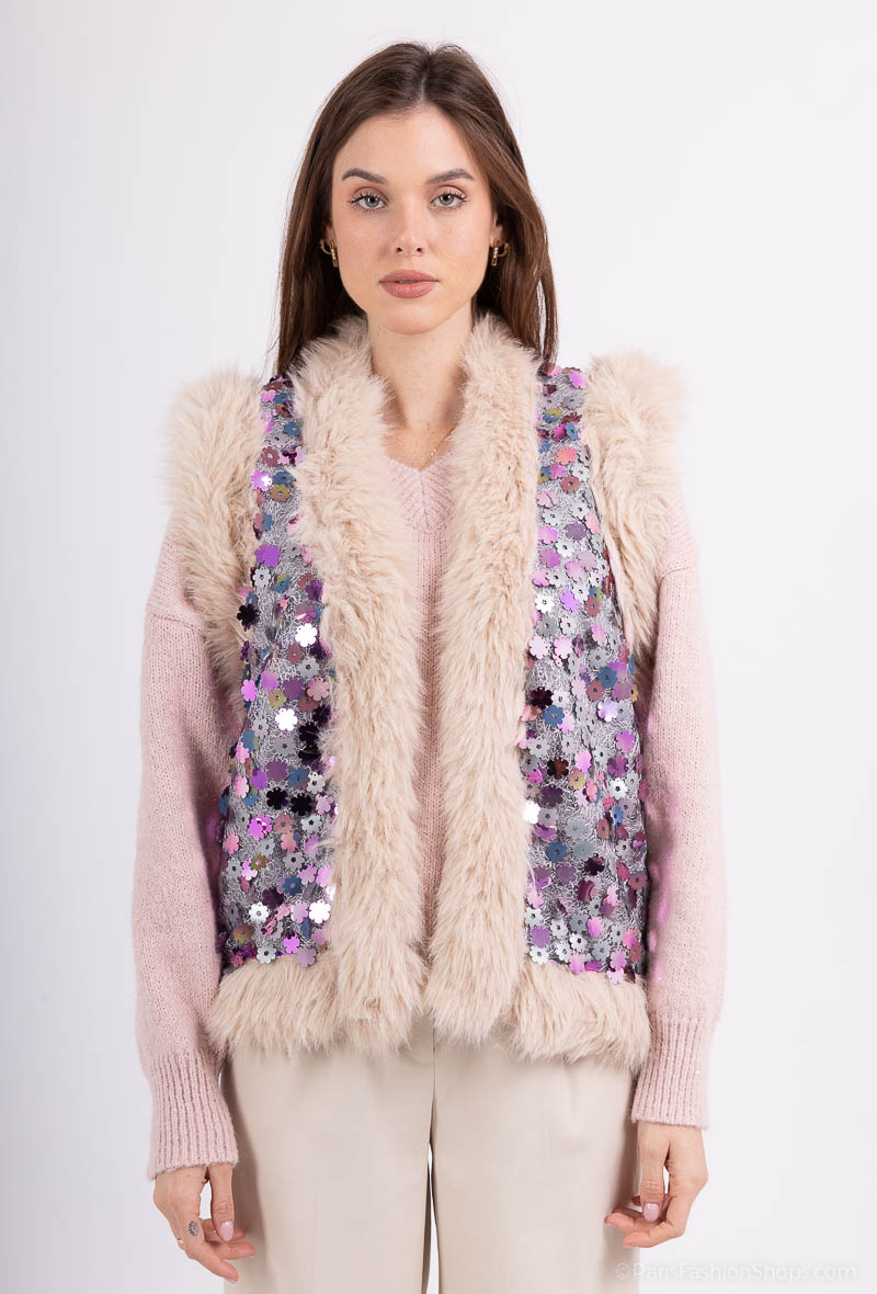 Wholesaler Cherry Paris - Sleeveless vest with faux fur with embroidered sequins OHANNA