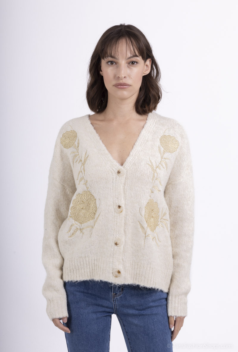 Grossiste Cherry Paris - Gilet en maille douce avec broderies dorés AMELE
