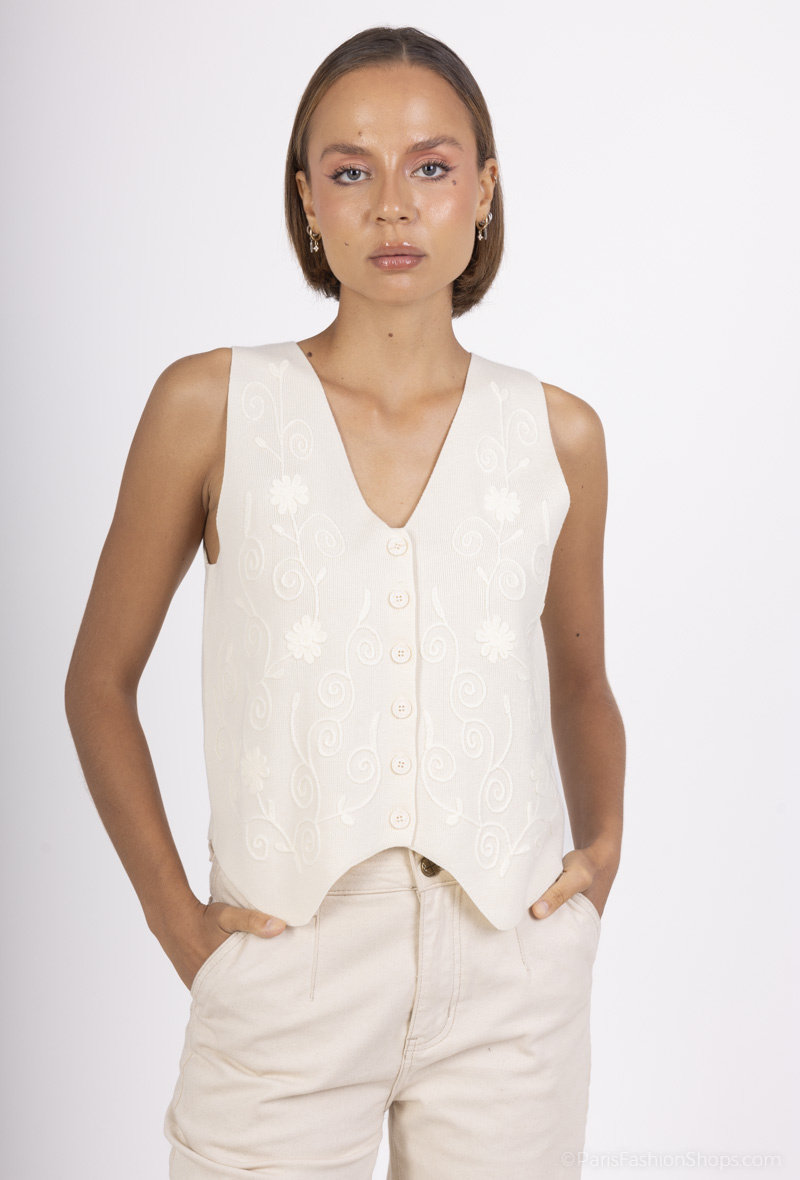 Grossiste Cherry Paris - Gilet sans manches avec broderies fleuries HUBERTINE