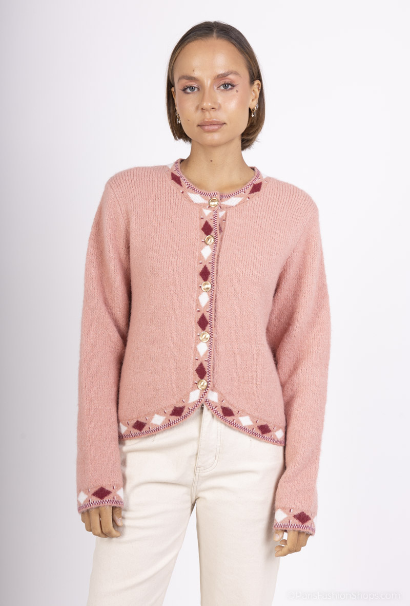 Grossiste Cherry Paris - Gilet en maille avec bordures ethniques GIAIA