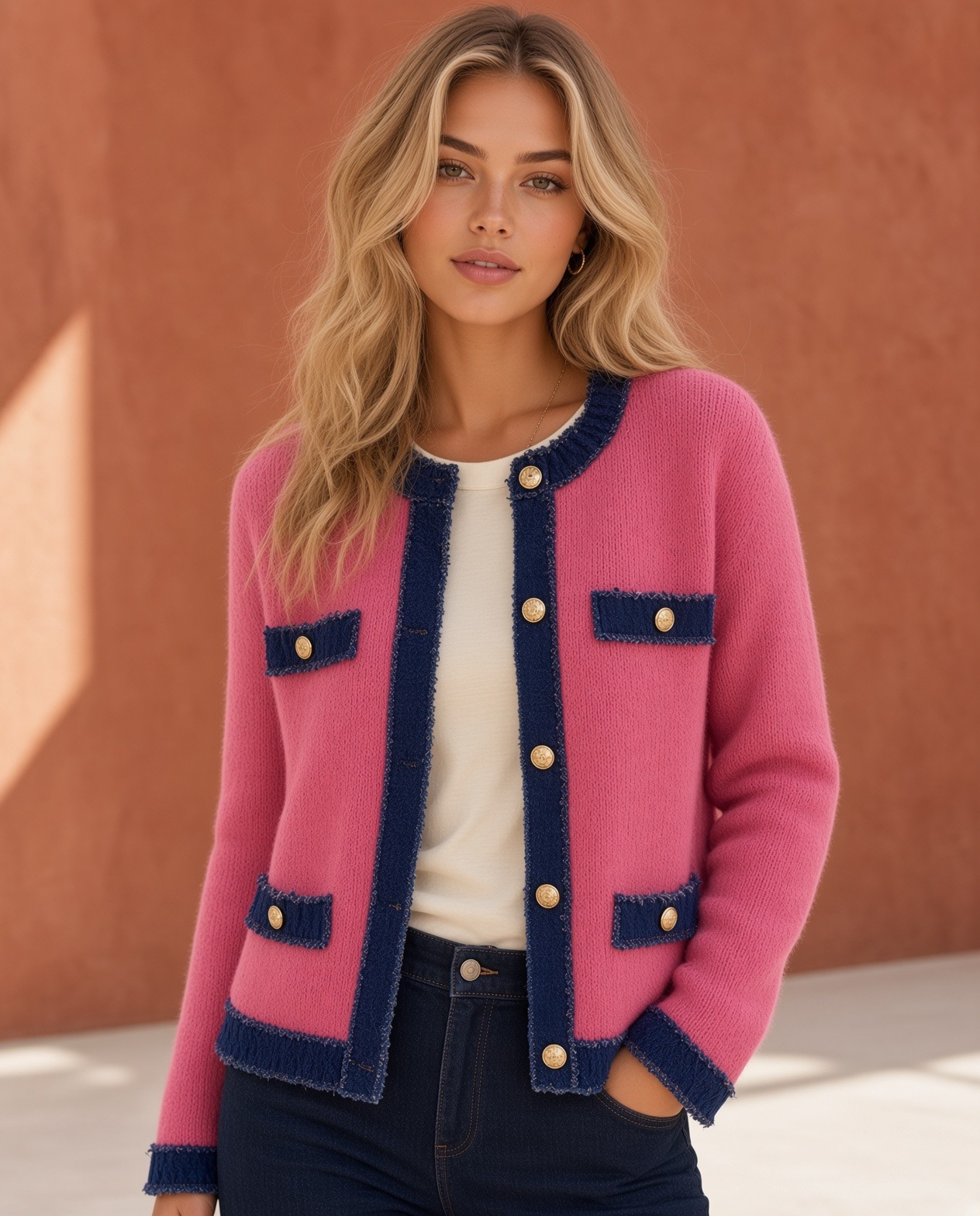 Großhändler Cherry Paris - Dune Strickjacke mit Rundhalsausschnitt, marineblauen Kontrastkanten und Taschen