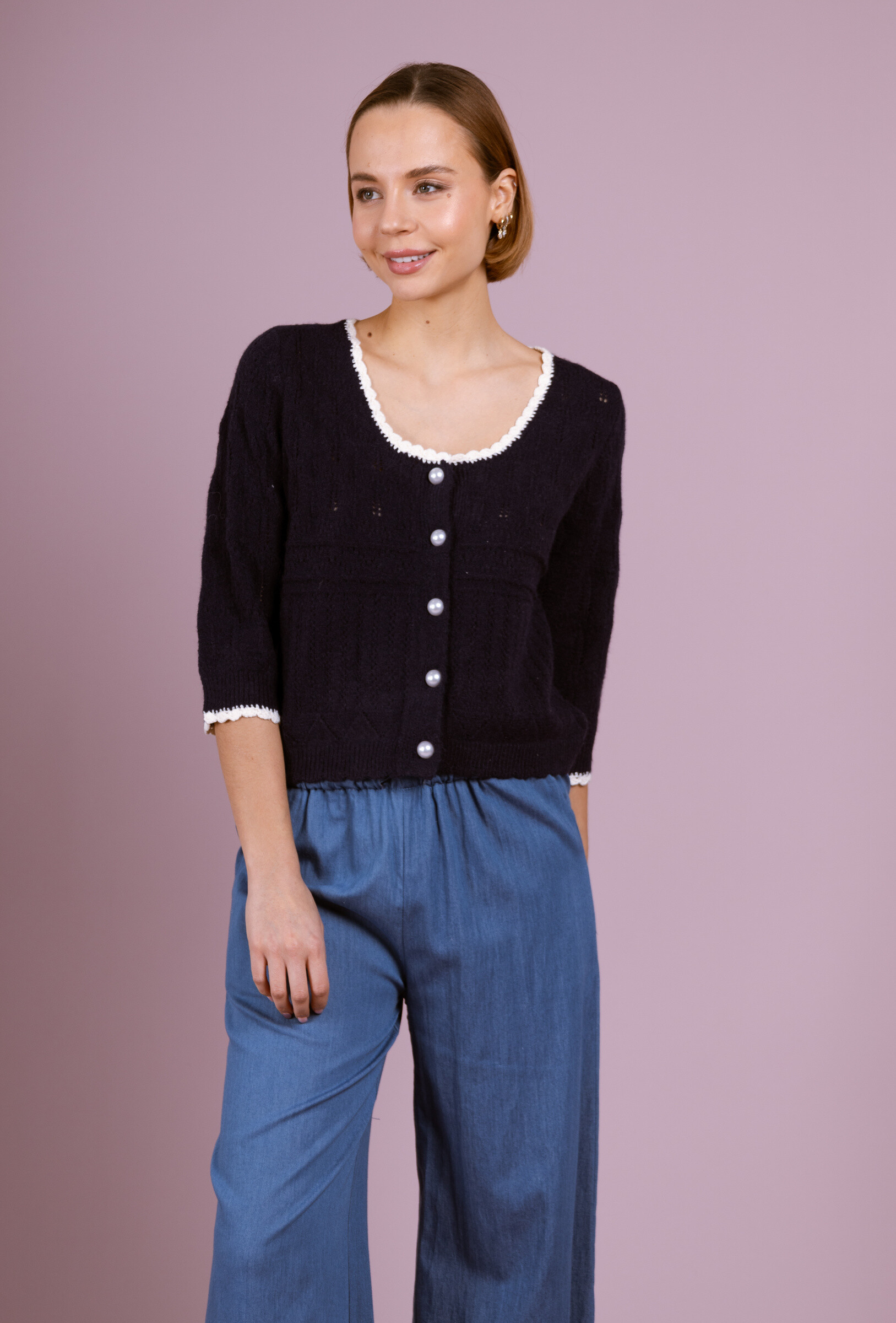 Wholesaler Cherry Paris - Half-sleeved cardigan with white borders JOLINNE