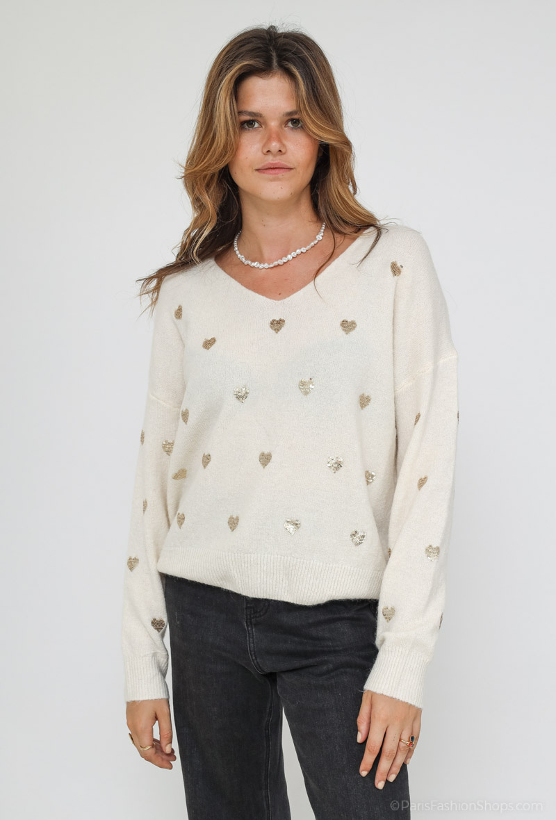Wholesaler Cherry Paris - Plain V-neck sweater with embroidered sequined hearts EULALIE