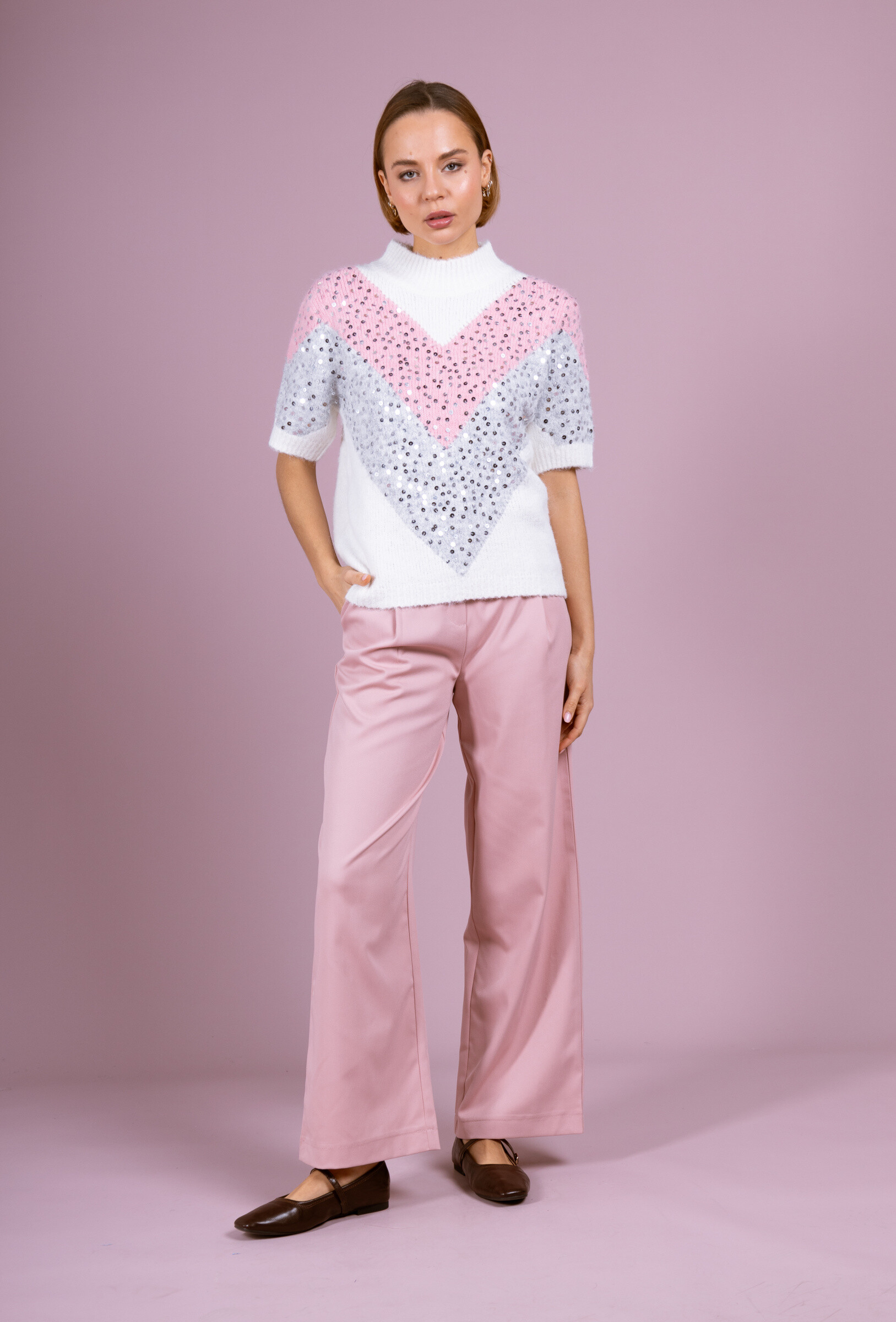 Wholesaler Cherry Paris - SHONA tricolor short-sleeved sweater with stand-up collar