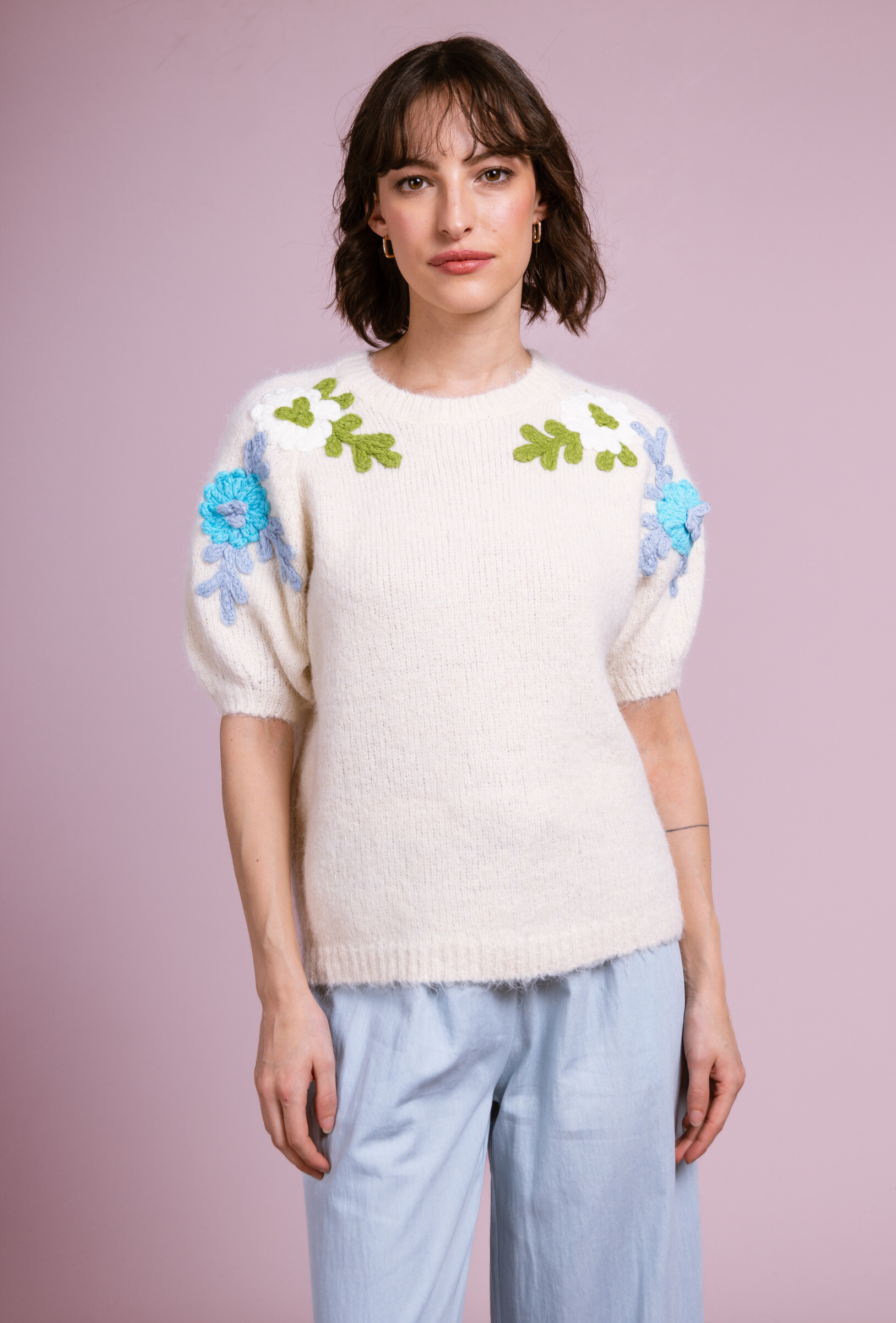Wholesaler Cherry Paris - Short-sleeved soft knit sweater with FAUSTINE flowers