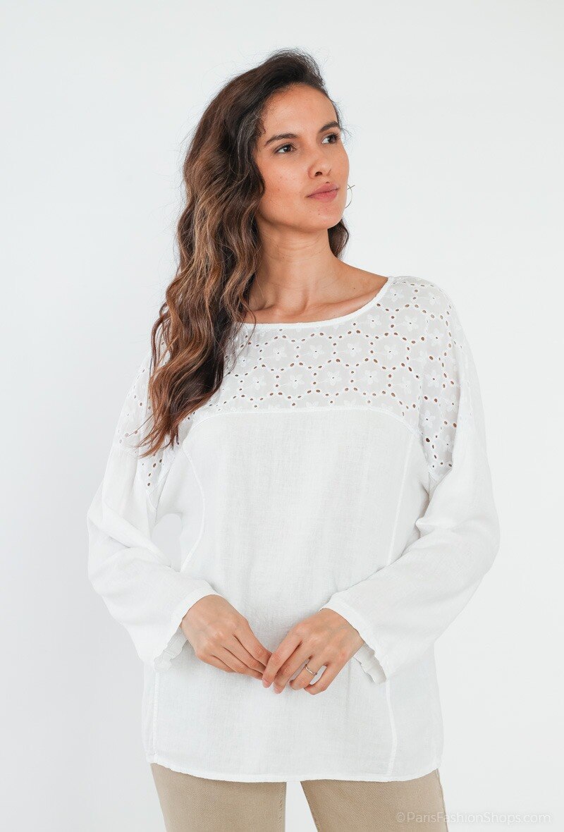 Grossiste Cherry Paris - Tunique en lin uni manches longues avec broderies anglaises GEN