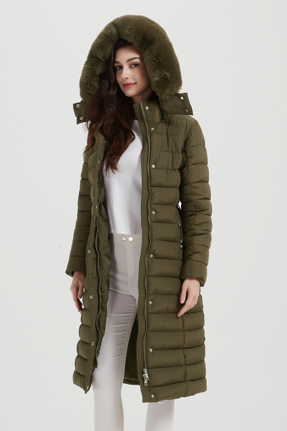 Großhändler CHEVERY - Langer Damen-Steppmantel mit Gürtel, Kapuze mit Kunstfell, langer Doppelreißverschluss