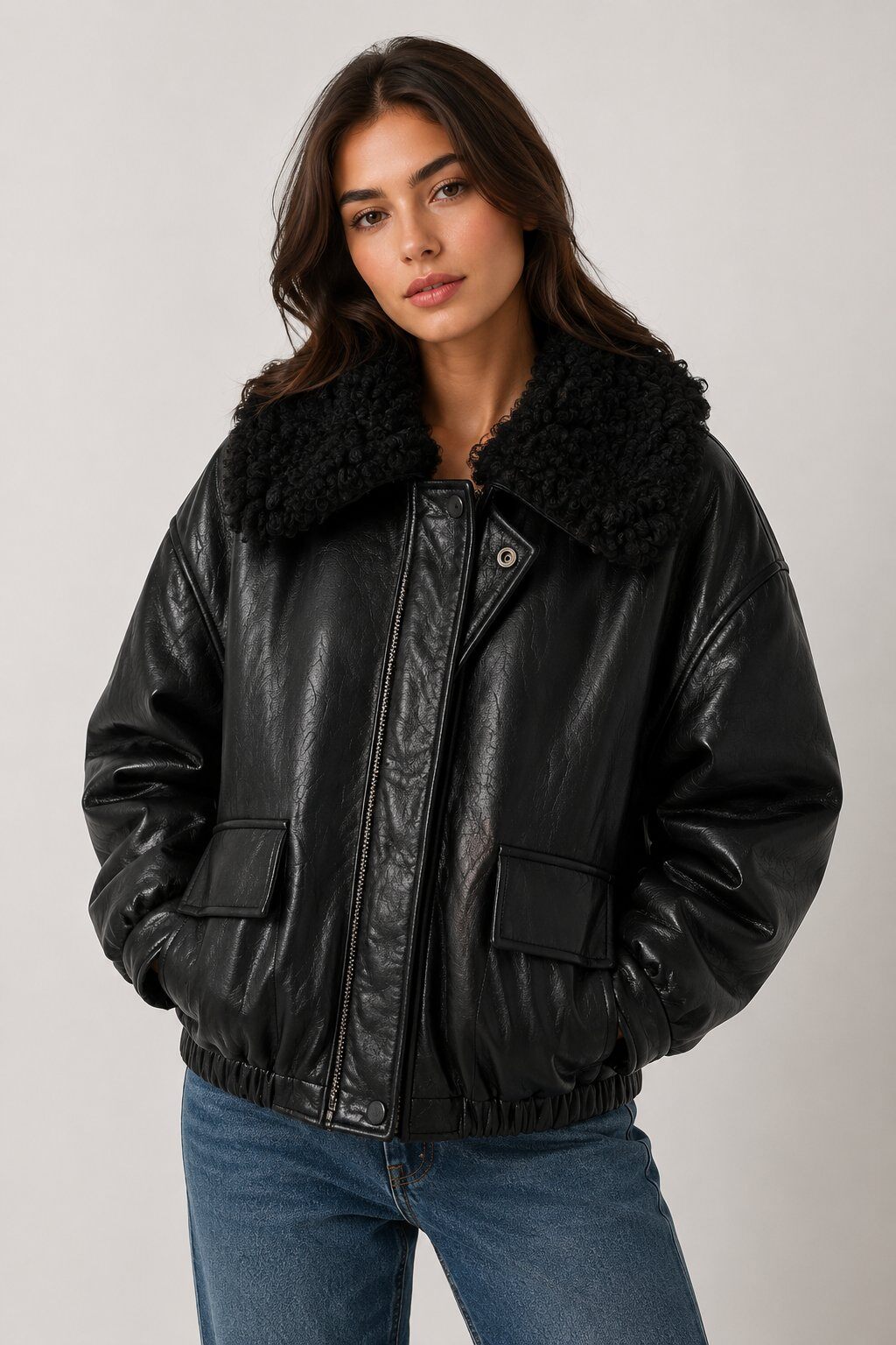 Grossista CHEVERY - Giacca bomber effetto pelle con collo bouclé