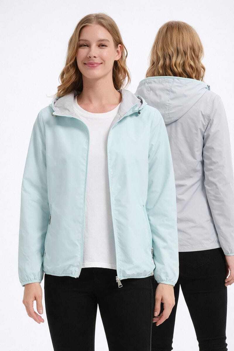 Mayorista CHEVERY - Chaqueta reversible para mujer en verde agua y gris con capucha