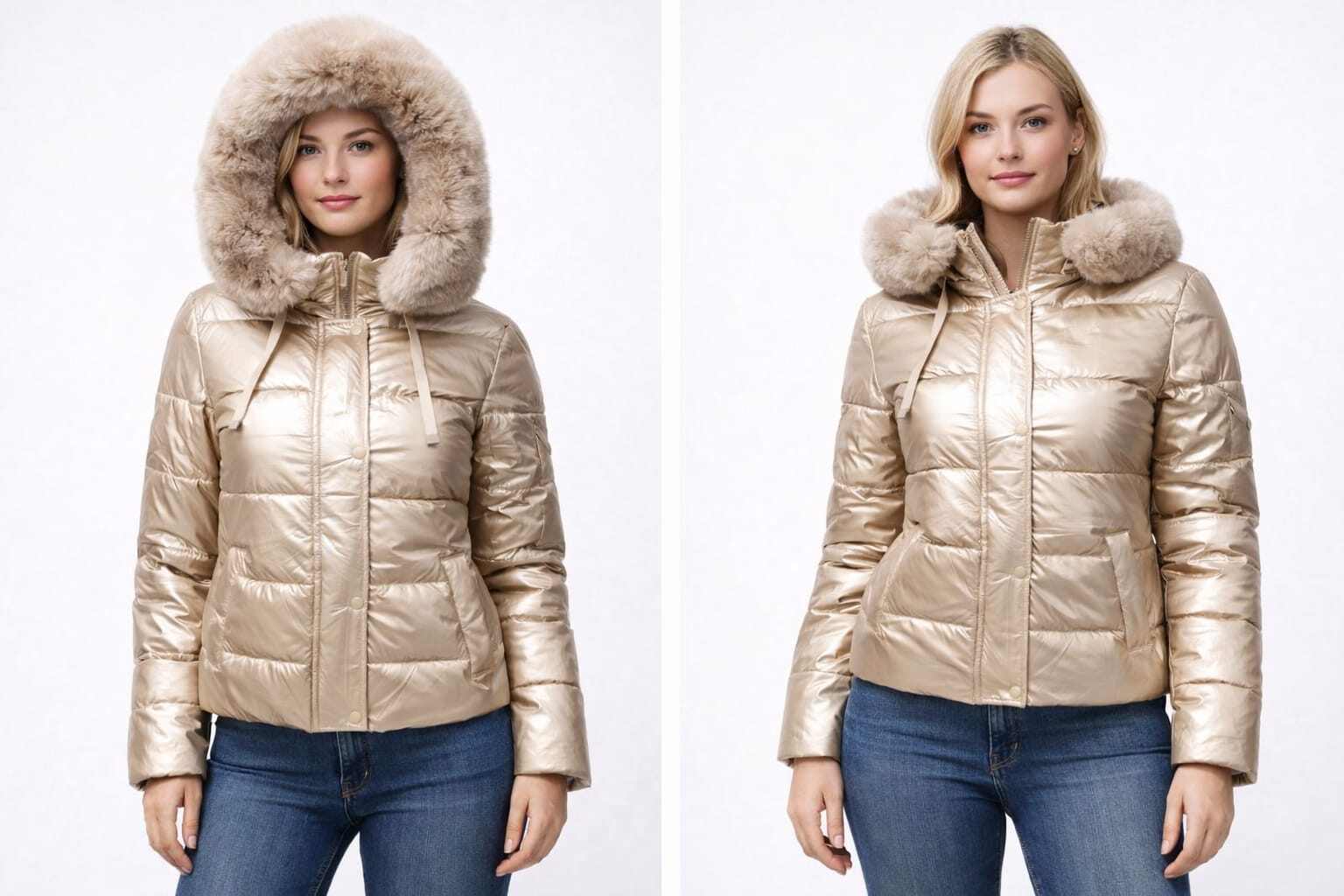 Wholesaler CHEVERY - Shiny short puffer jacket with faux fur-trimmed hood