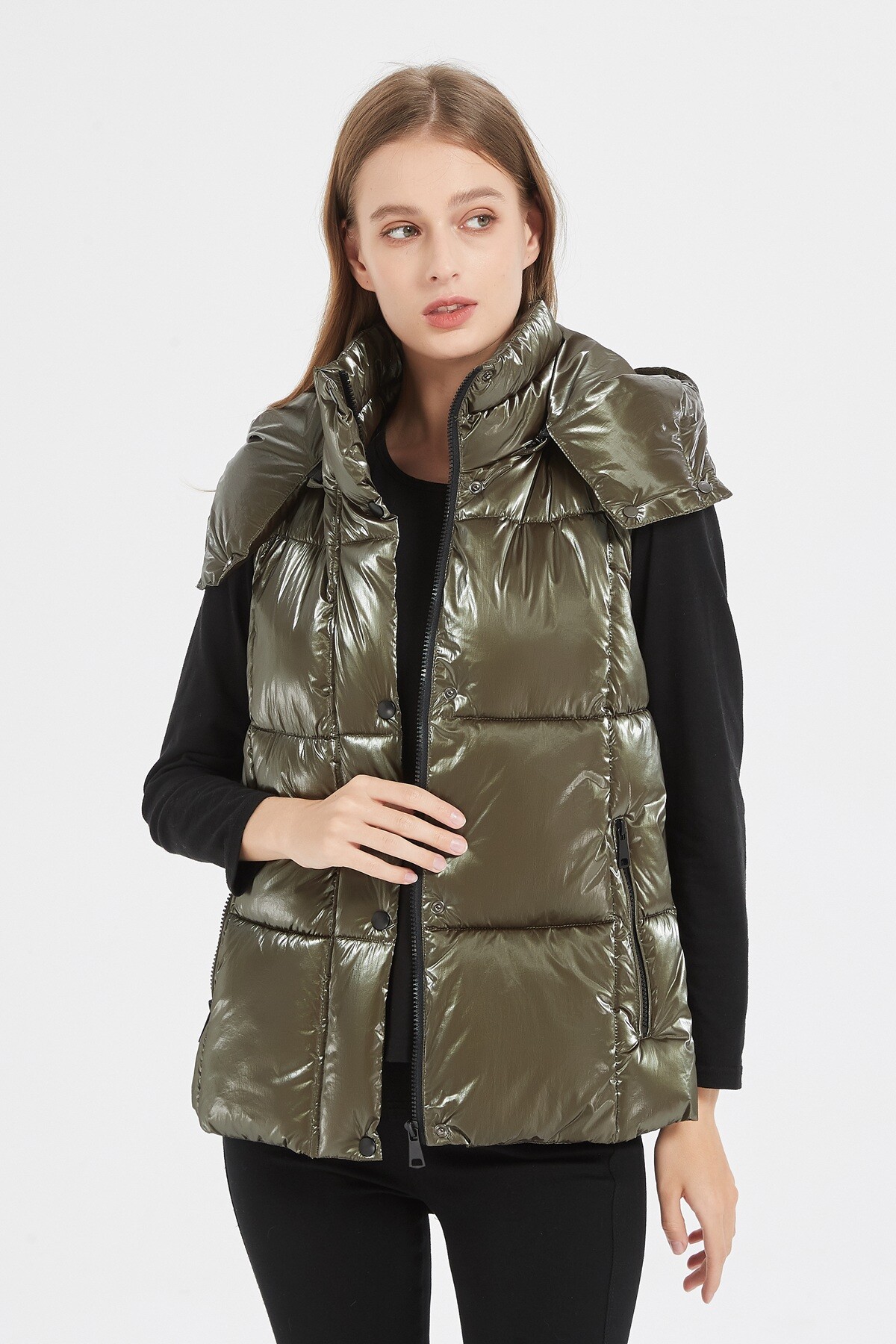 Grossista CHEVERY - Gilet imbottito lucido senza maniche con cappuccio rimovibile