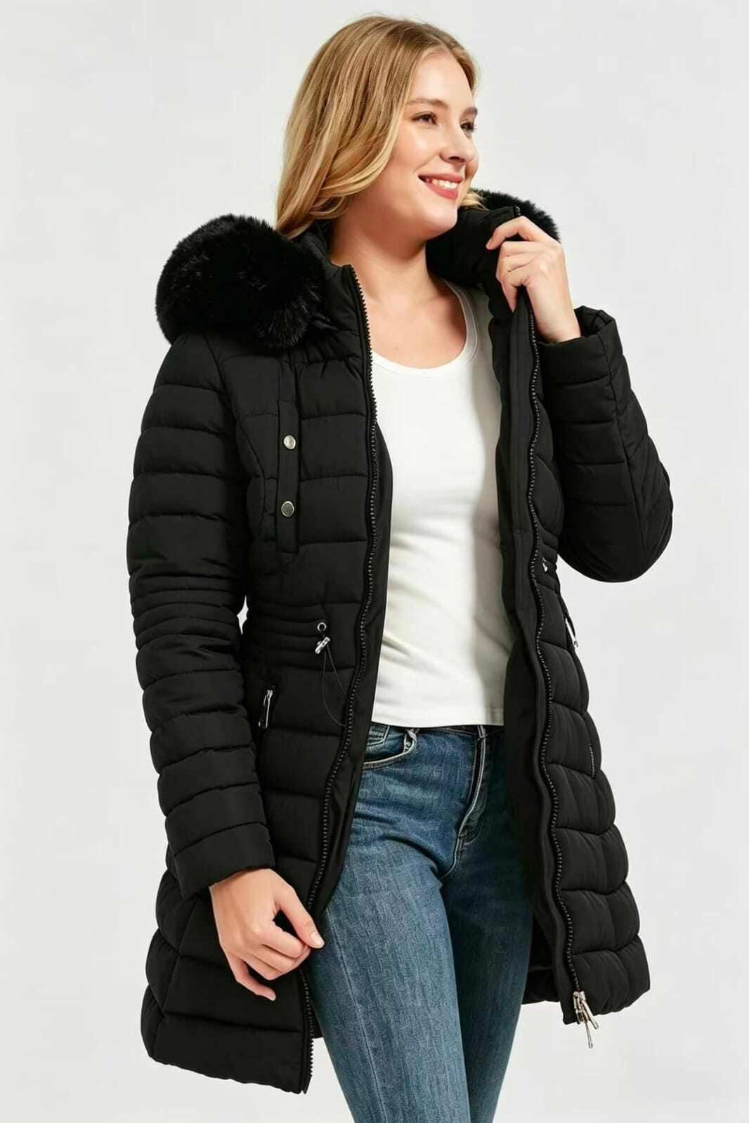 Mayorista CHEVERY - Abrigo Largo de Plumas para Mujer – Acolchado con Capucha de Piel Sintética y Cintura Ajustable TALLA GRANDE